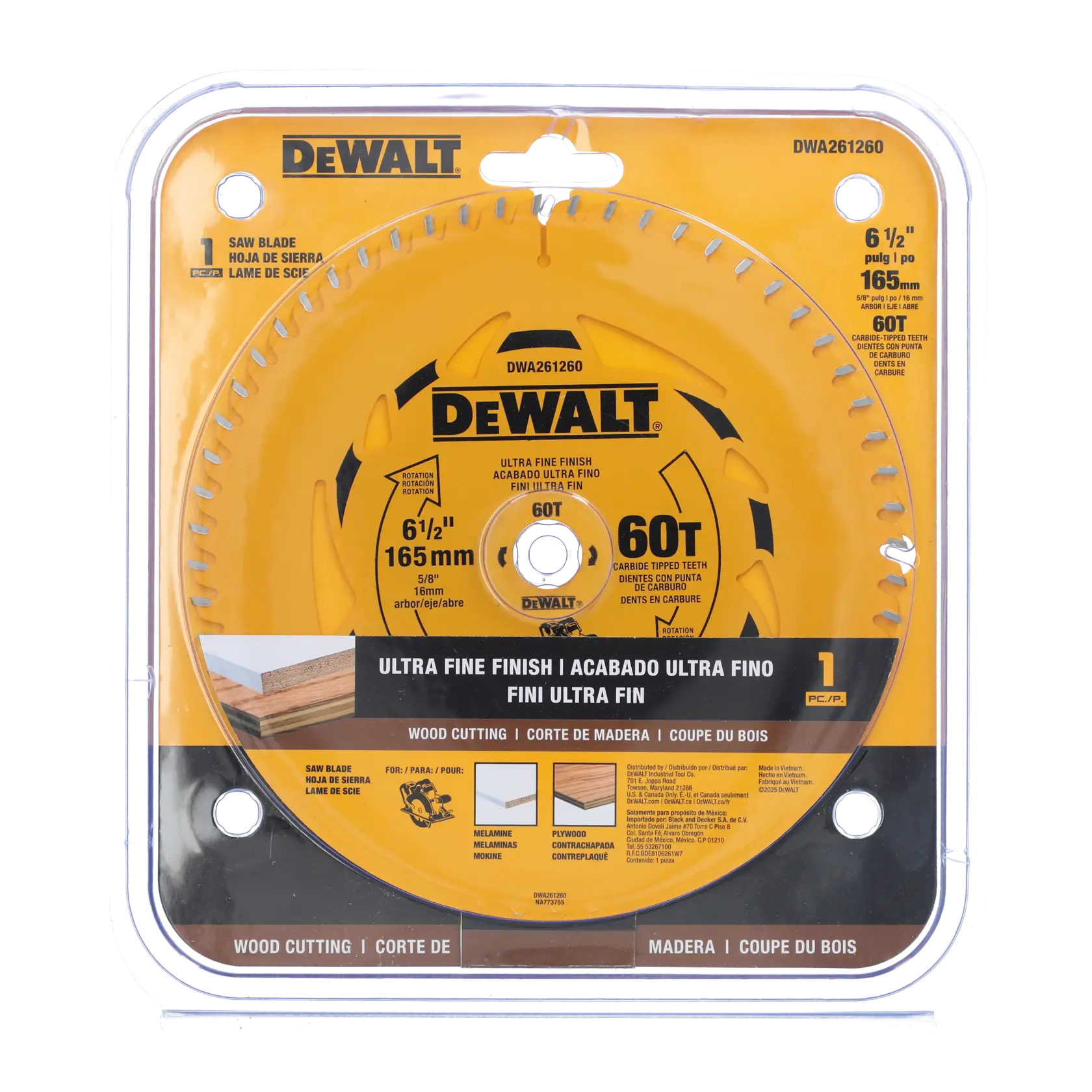 DEWALT DWA261260 packaging containing a 6 1/2 inch (165mm) circular saw blade with 60 carbide-tipped teeth for ultra fine finish wood cutting. The packaging is yellow and black with product details and illustrations.