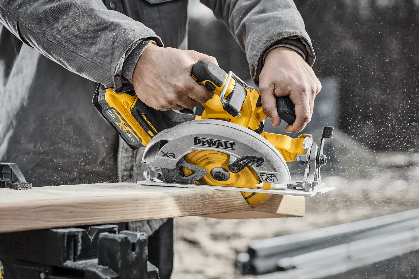 DEWALT circular saw blade cutting wood at an angle