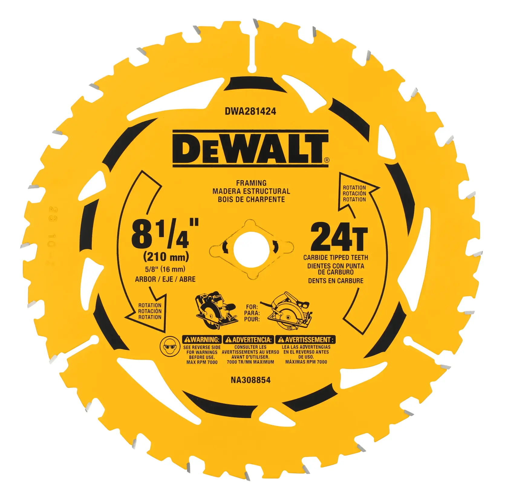 DEWALT DWA281424  8-1/4“ 24T Single Pack front view.