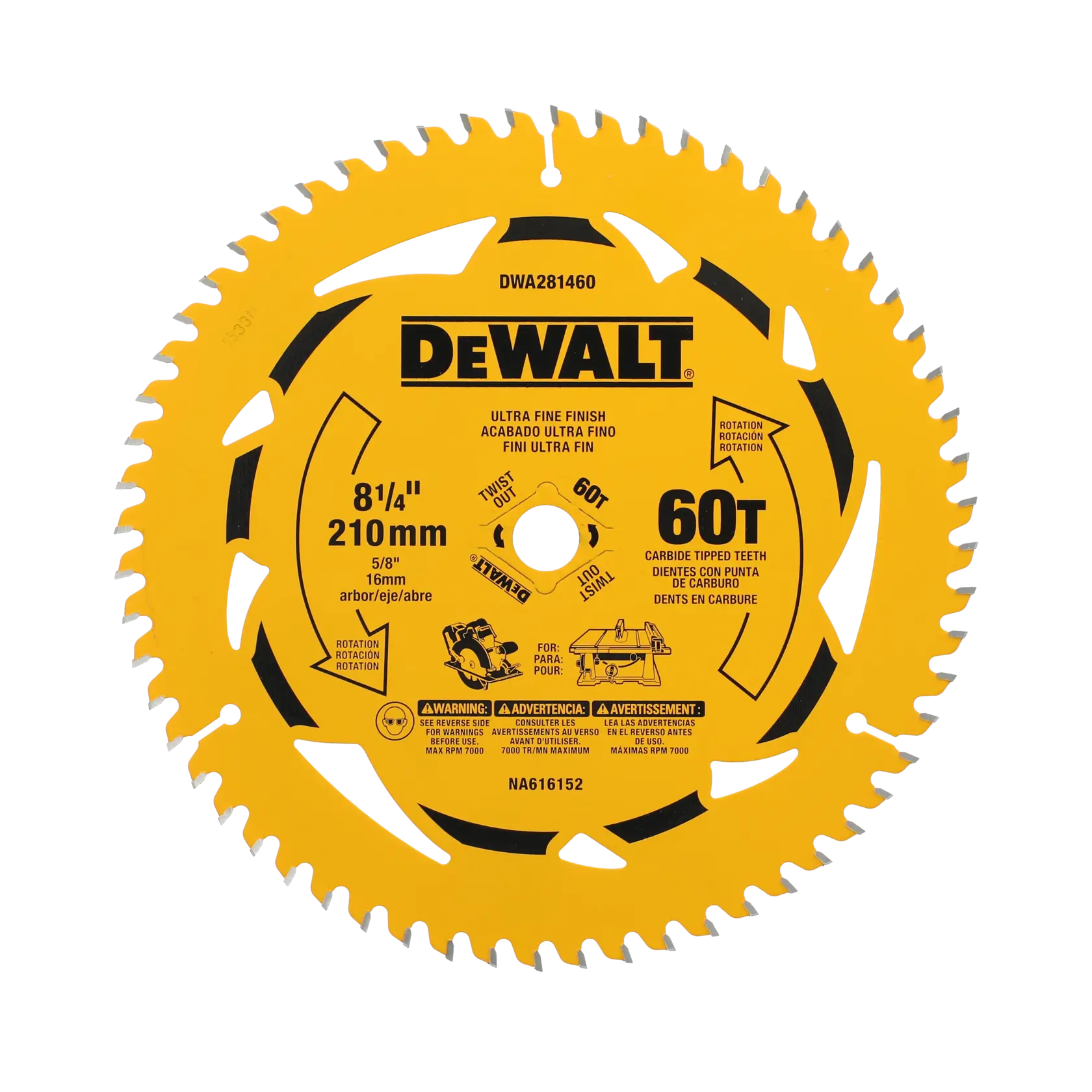 DEWALT 8 1/4 inch (210mm) circular saw blade with 60 carbide tipped teeth, ultra fine finish. The blade is yellow with black text and graphics, showing product specifications and safety warnings.