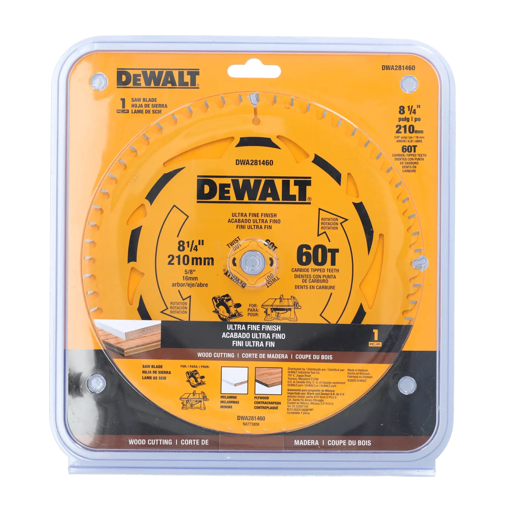 DEWALT 8-1/4 inch (210mm) saw blade in retail packaging, model DWA281460, featuring 60 carbide-tipped teeth for ultra fine finish wood cutting.
