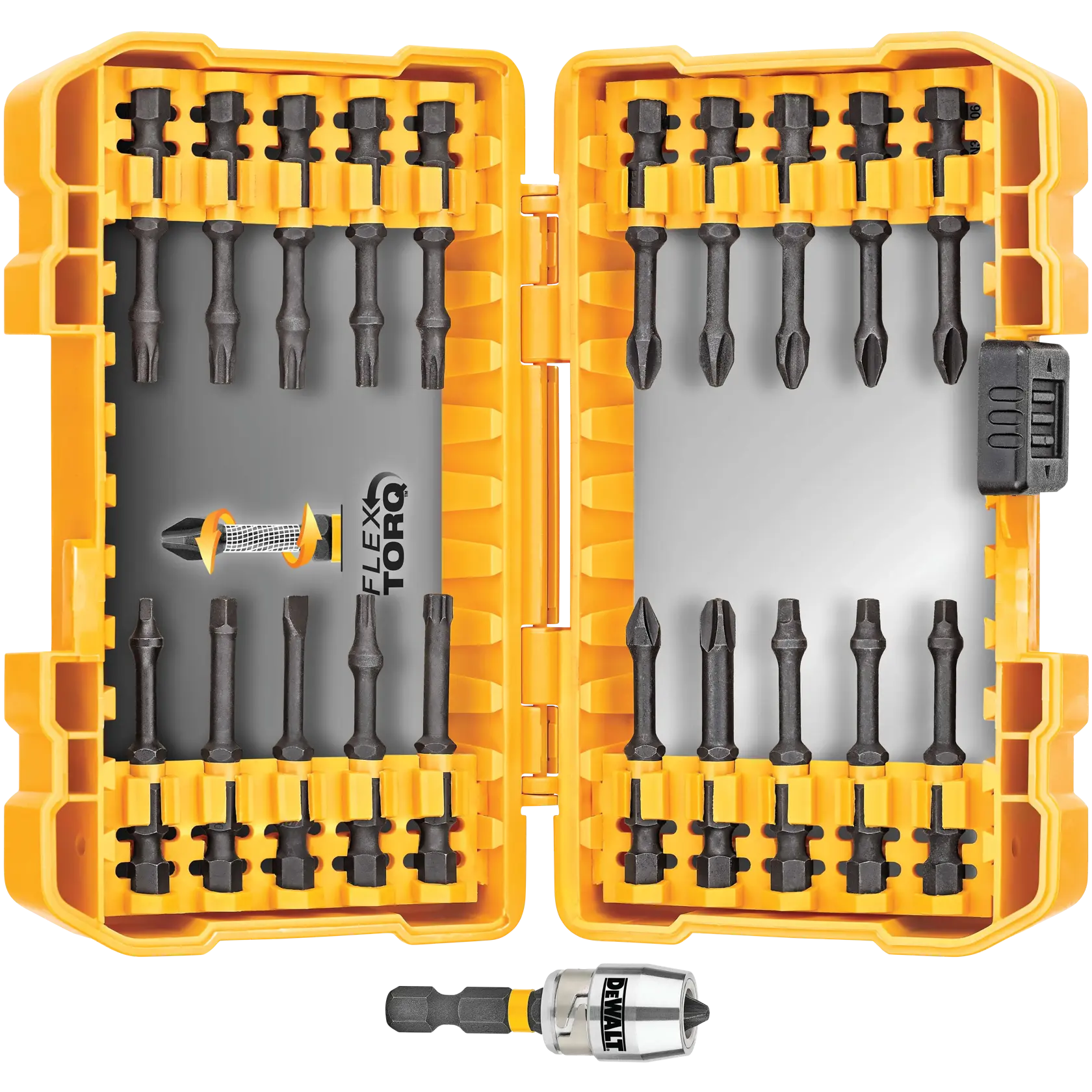 A yellow DEWALT FlexTorq bit set case opened to display multiple black screwdriver bits organized in rows, and one metal bit holder placed below the case.