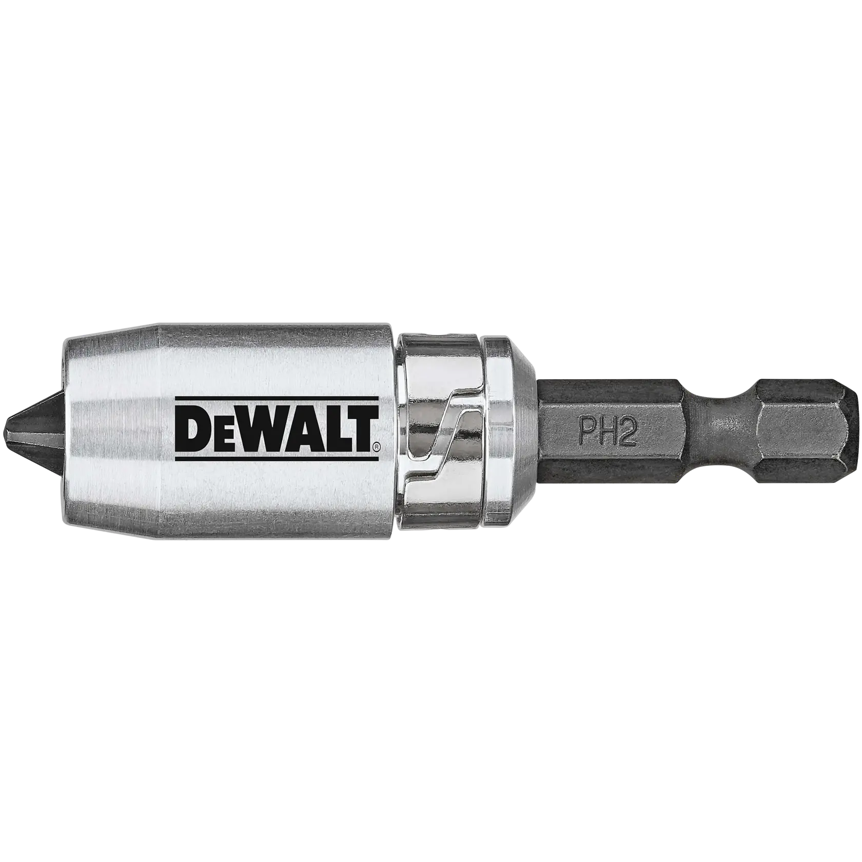 A close-up image of a DEWALT branded screwdriver bit with a hex shank and PH2 marking, designed for use in power tools.