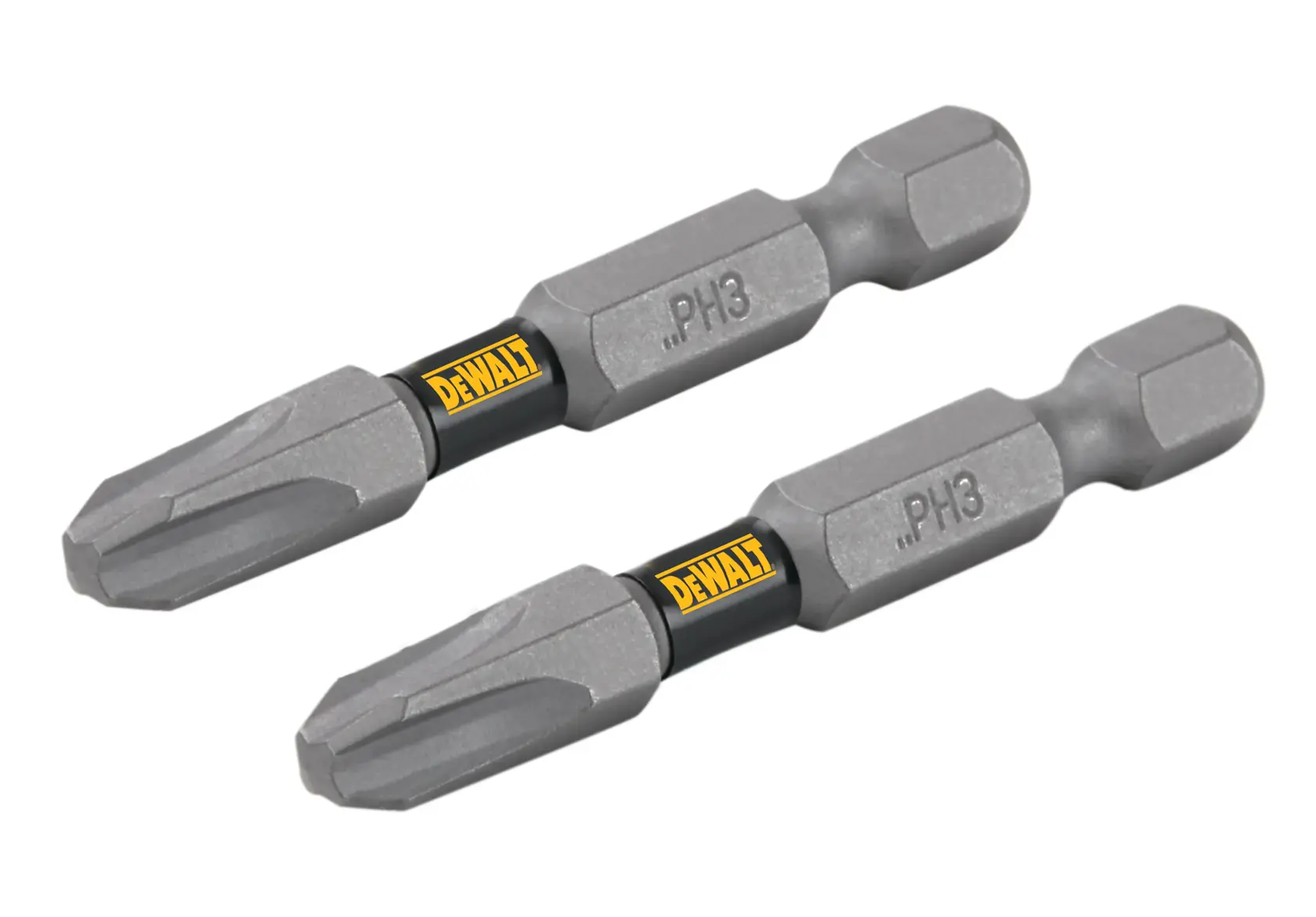 Two DEWALT PH3 screwdriver bits are shown side by side, featuring a grey finish and the DEWALT logo on a black band near the base.