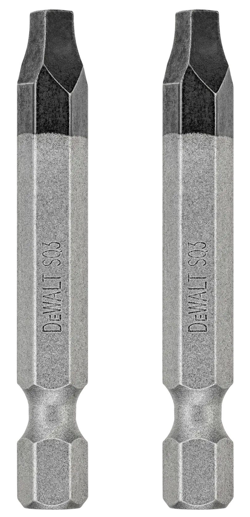 Two DEWALT SQ3 screwdriver bits are shown side by side, featuring a metallic finish and hexagonal shank designed for use with power tools.