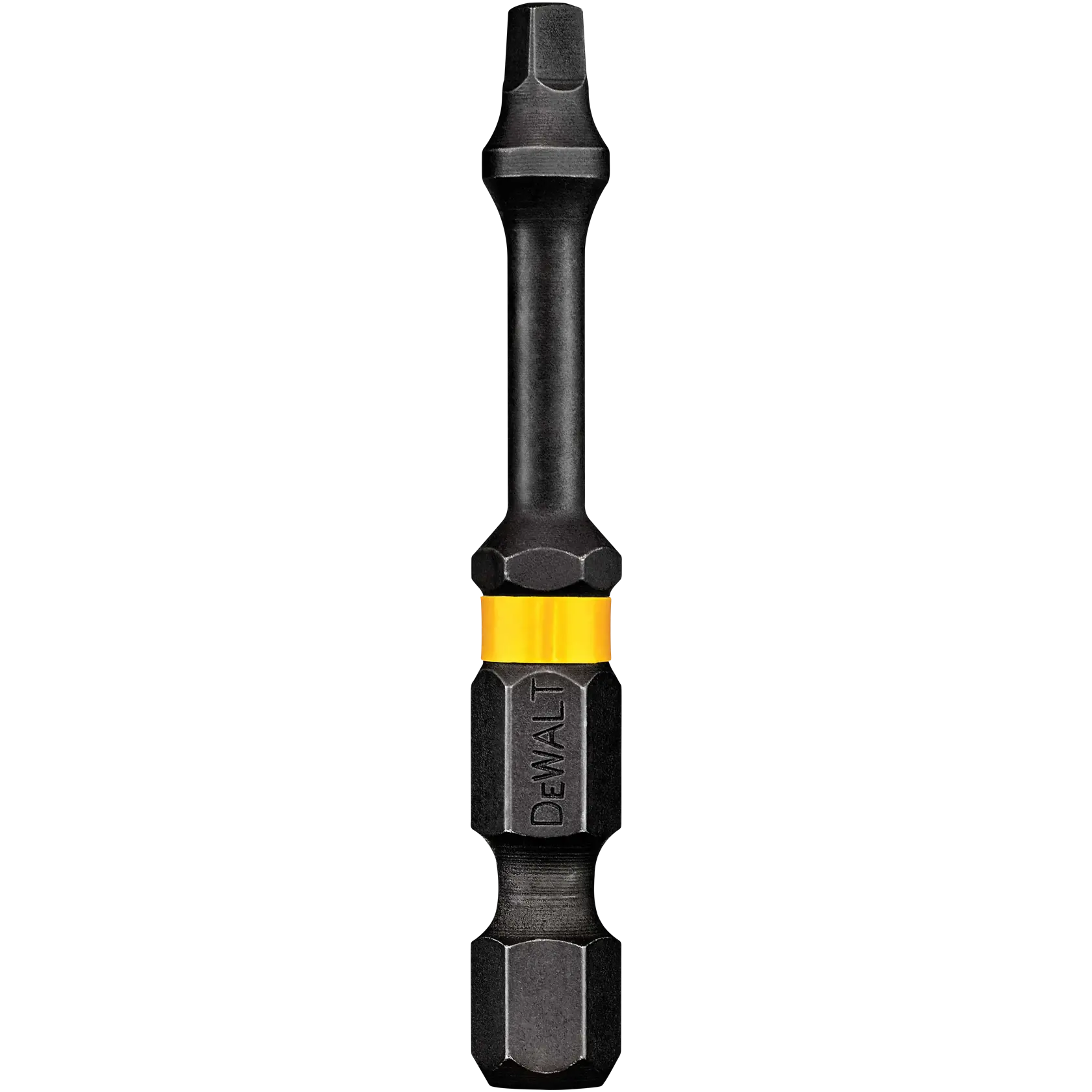 A DEWALT black and yellow impact-ready screwdriver bit with a square drive, designed for use with power tools.