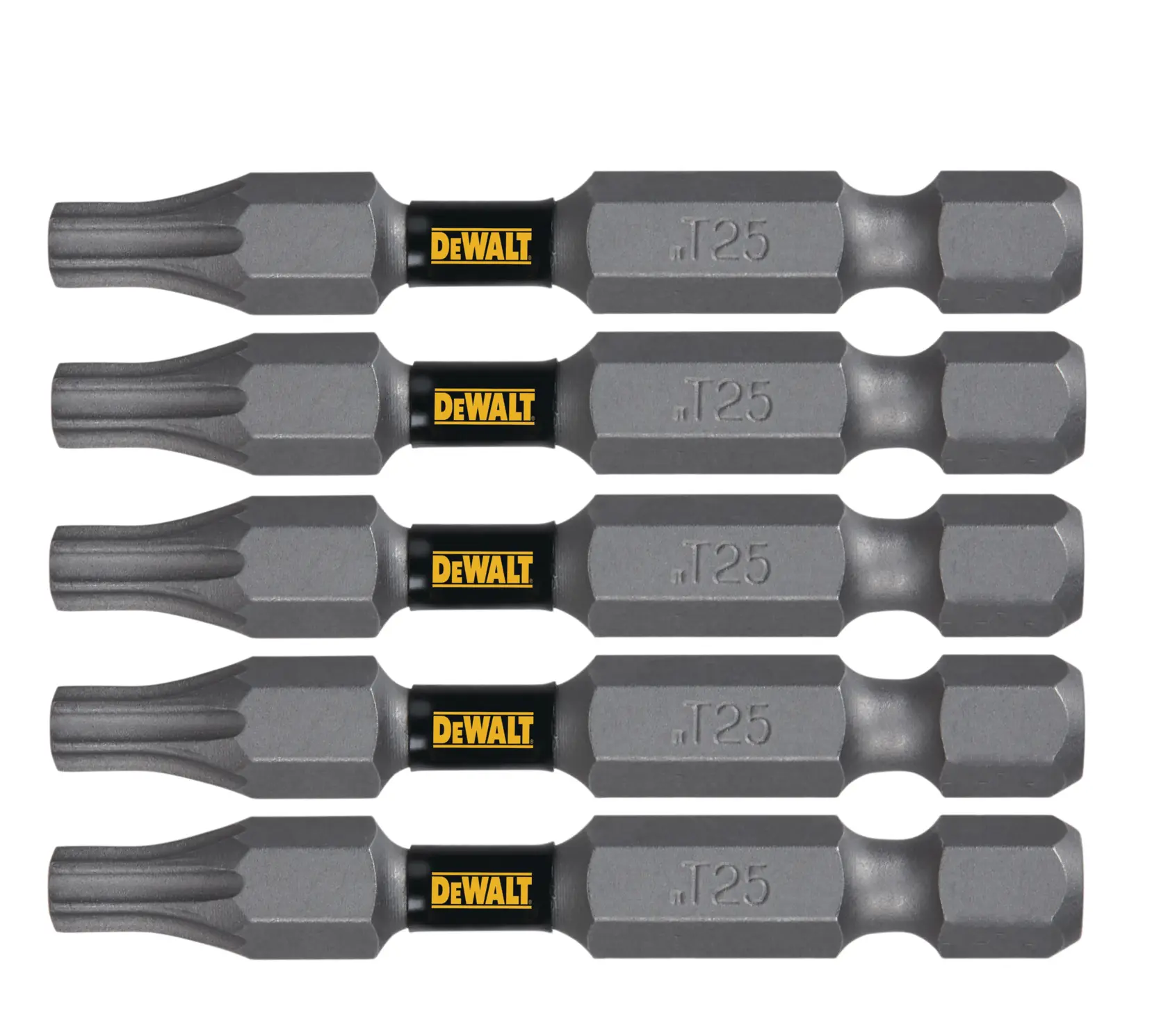Five DEWALT T25 Torx screwdriver bits arranged in a row. Each bit is grey with a black barrel and the yellow DEWALT logo, and the size marking 'T25' embossed on the side.