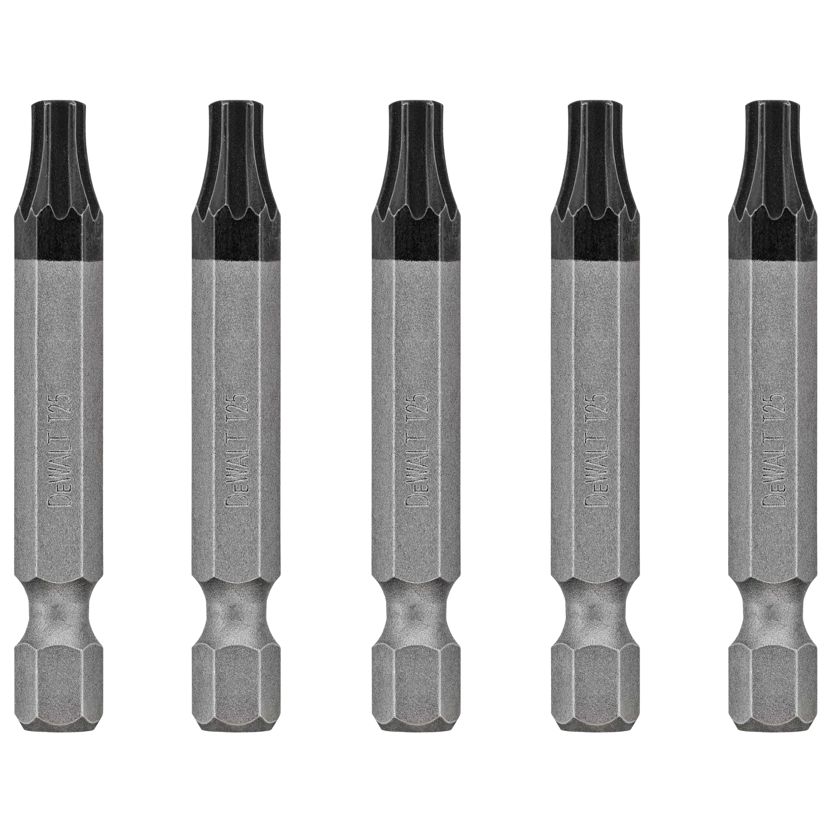 Five DEWALT T25 Torx screwdriver bits arranged in a row, featuring a silver body and black tip. The bits are designed for use with power tools and have hexagonal shanks.