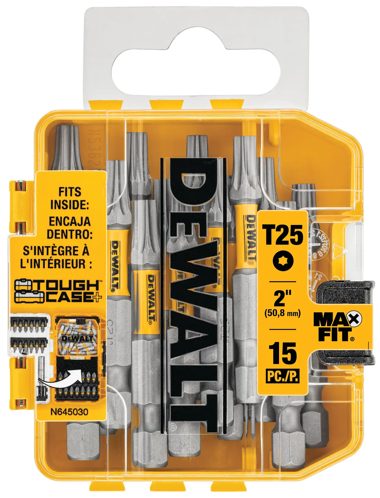 Package of DEWALT Max Fit T25 star-shaped screwdriver bits, 2 inch length, 15 pieces, stored in a yellow Tough Case. The packaging displays product information and branding.