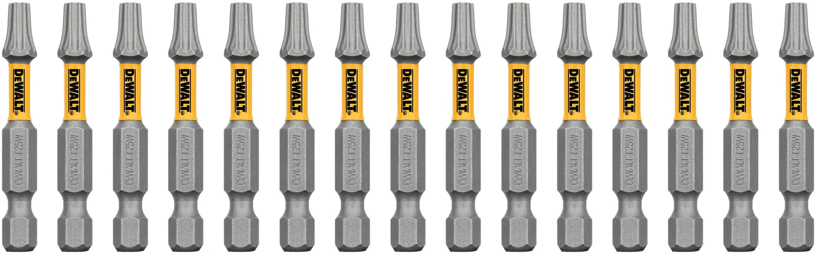 A set of fifteen DEWALT branded screwdriver bits arranged in a straight line. The bits have a gray metallic finish with a yellow and black DEWALT logo on each.