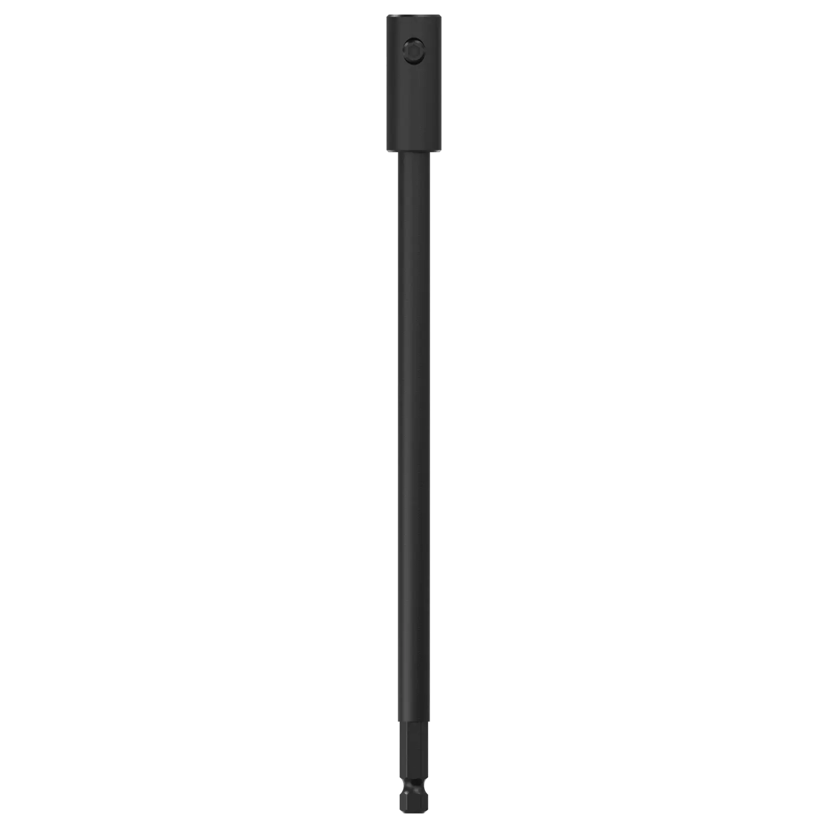 A black DEWALT drill bit extension rod shown vertically on a white background.