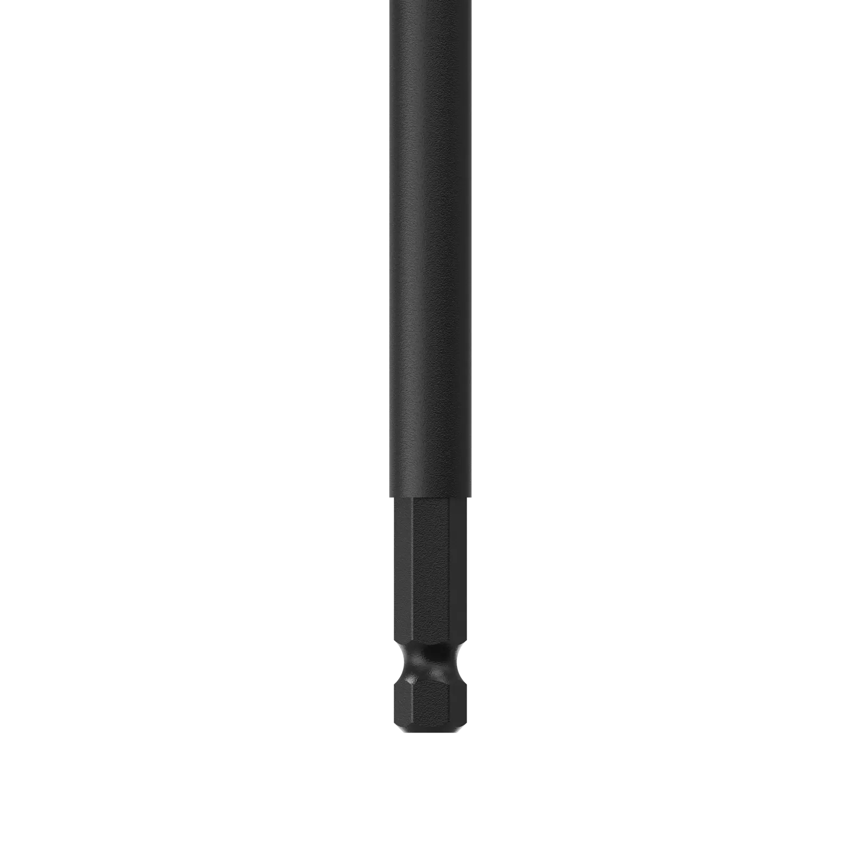 Black DEWALT drill bit extension with hex shank, designed for power tools, on white background.