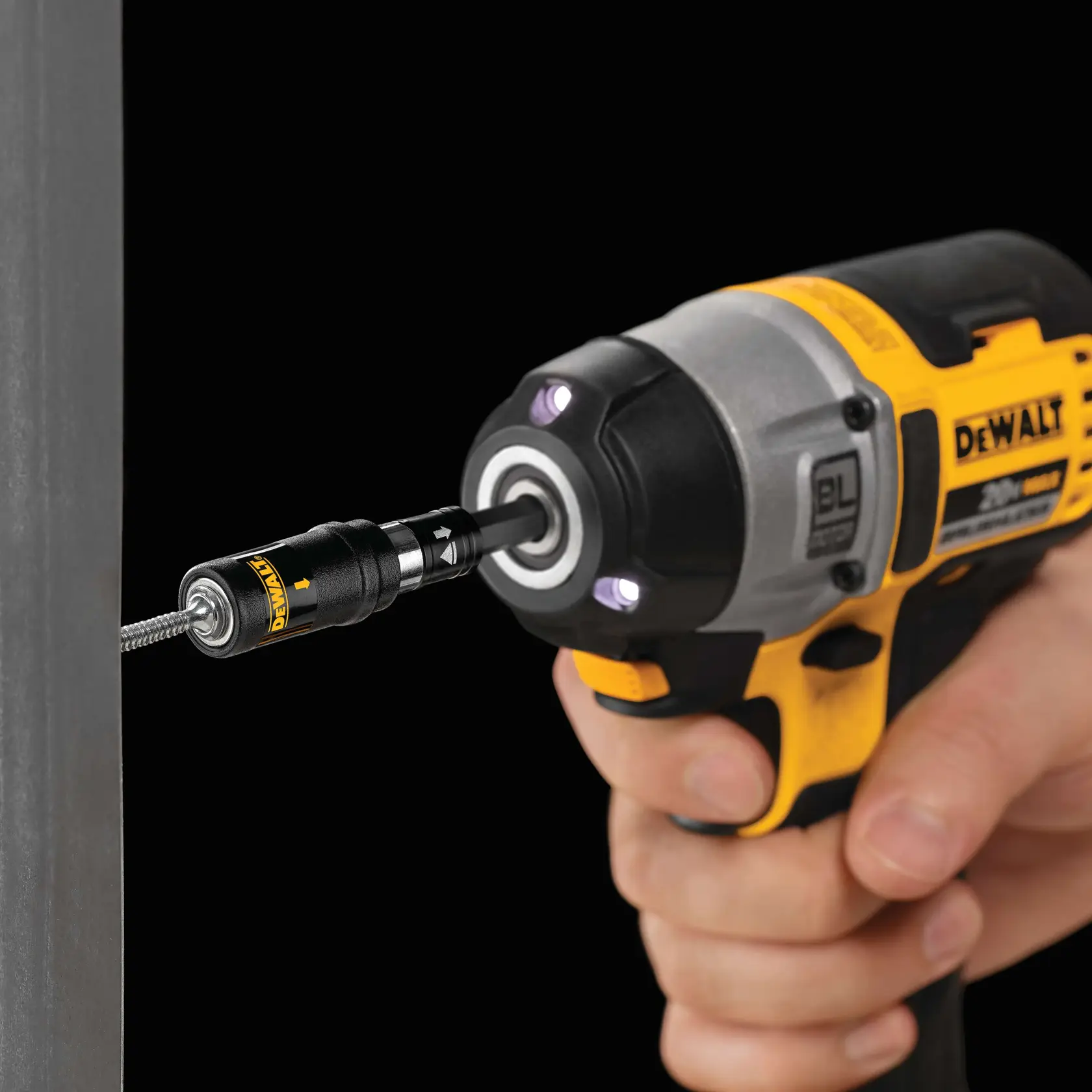 Closeup of Impact ready Flextorq bit holder with threaded locking system driving bit.