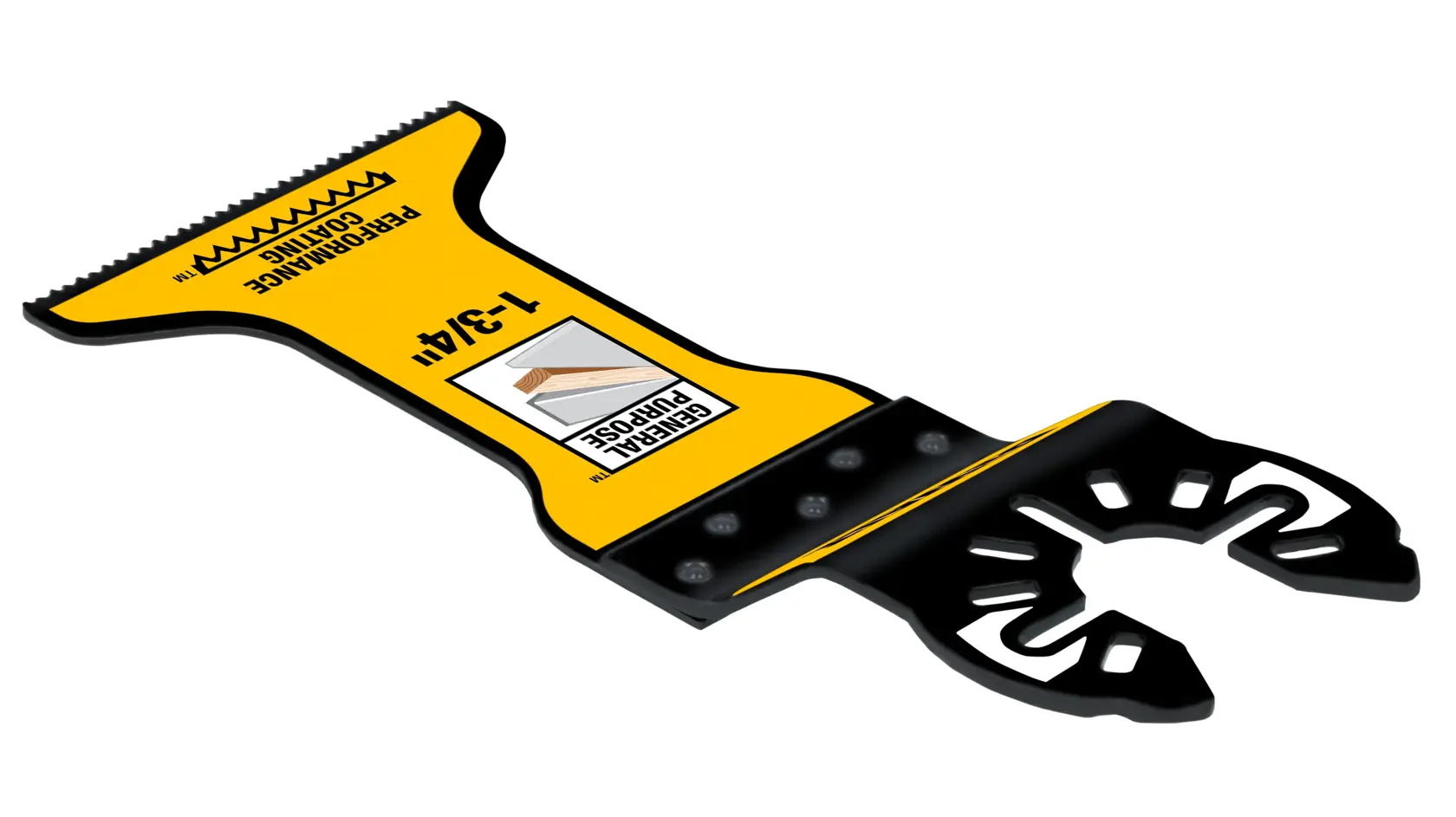 A DEWALT oscillating tool blade, model DWA4204, featuring a yellow and black design. The blade is designed for general purpose cutting and has performance coating. It has a flat, serrated cutting edge and fits oscillating multi-tools.