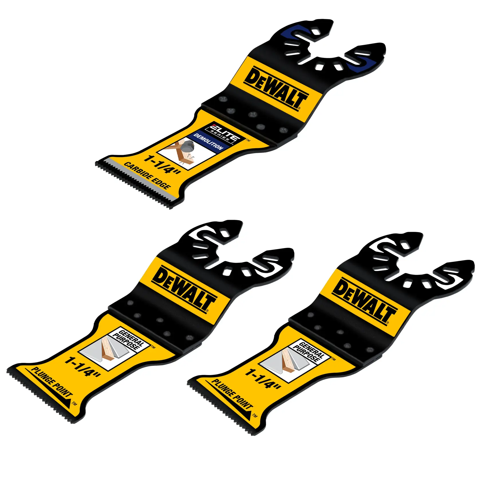 Three DEWALT branded oscillating tool blades, each with a black and yellow design. The top blade is labeled 'Elite Carbide Edge Demolition' and '1-1/4', the bottom two blades are labeled 'General Purpose Plunge Point' and '1-1/4'. The blades are displayed against a white background.