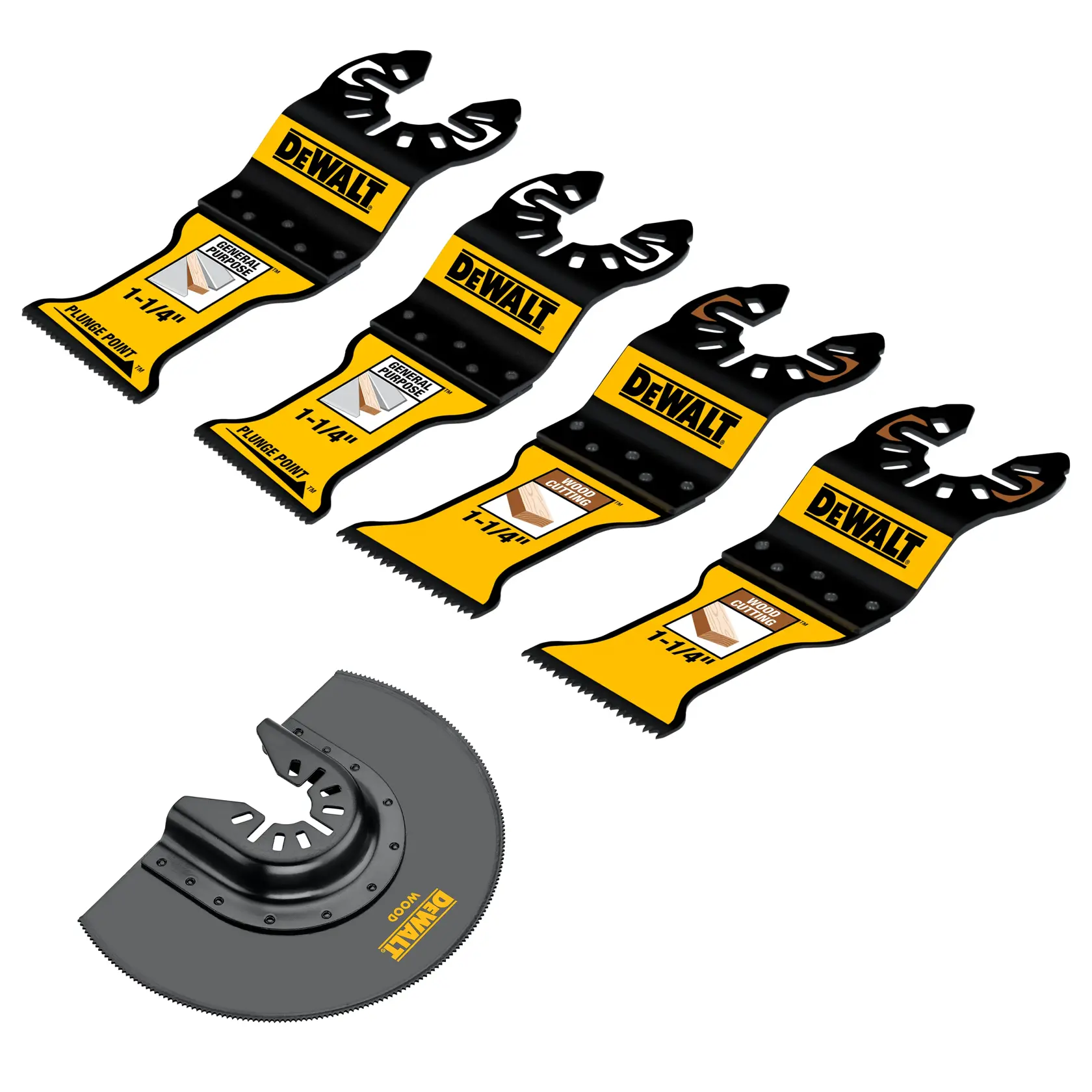 A set of five DEWALT oscillating tool blades, including four straight plunge cut blades and one semi-circular wood cutting blade, displayed on a white background.