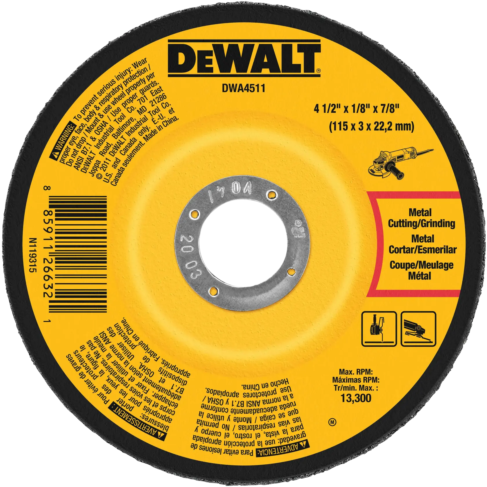 DEWALT® 4-1/2-in. x 1/8-in. x 7/8-in. T27 Metal Pipeline Grinding Wheel