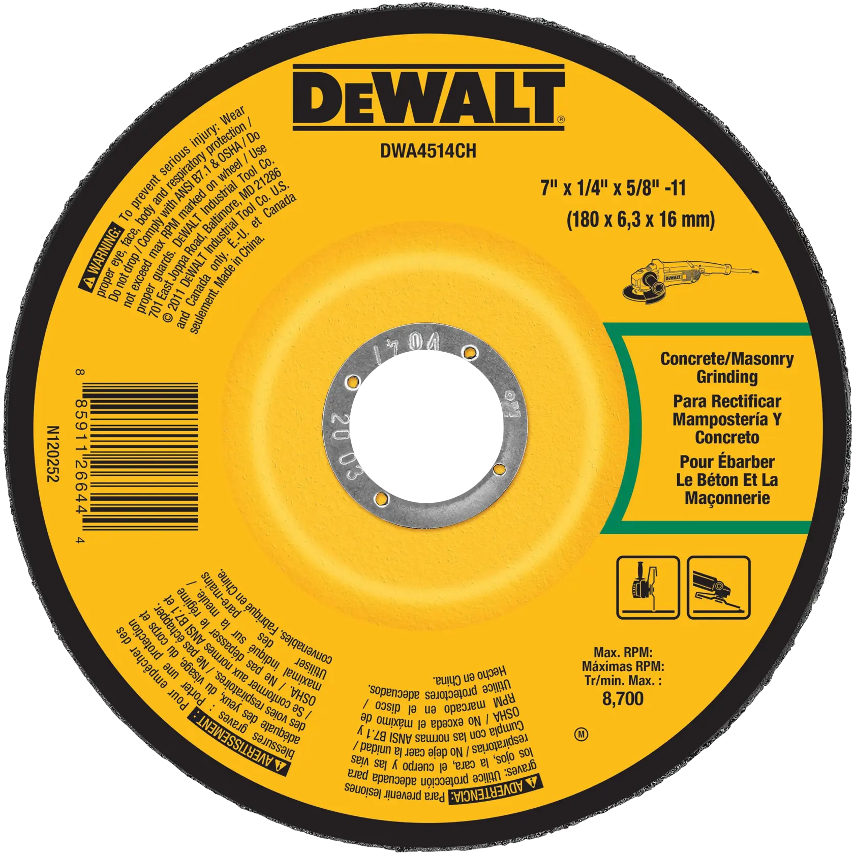 DEWALT® 7-in. x 1/4-in. x 5/8-in.-11 Concrete/Masonry Grinding Wheel