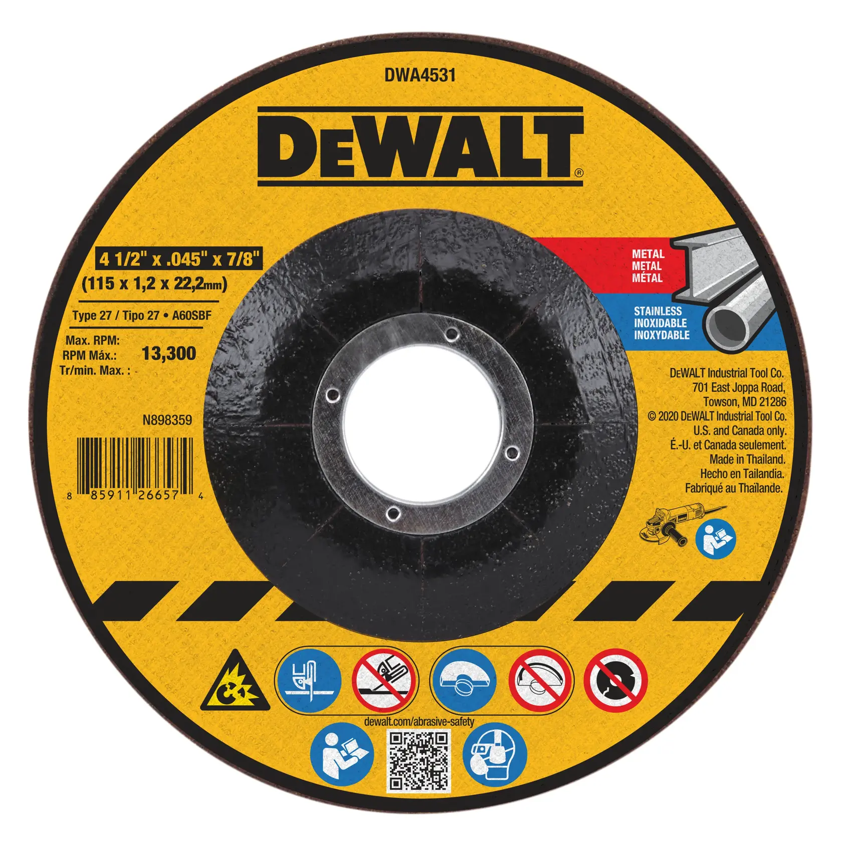 DEWALT® 4-1/2-in. x .045-in. x 7/8-in. T27 General Purpose Metal Cut-Off Wheel