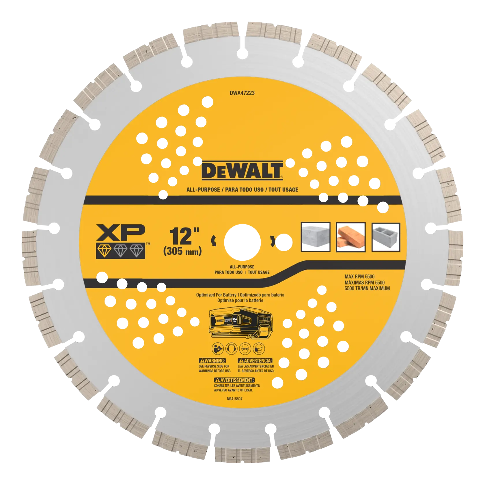 DEWALT 12-inch all-purpose circular saw blade for cutting concrete, brick, and stone, yellow label.