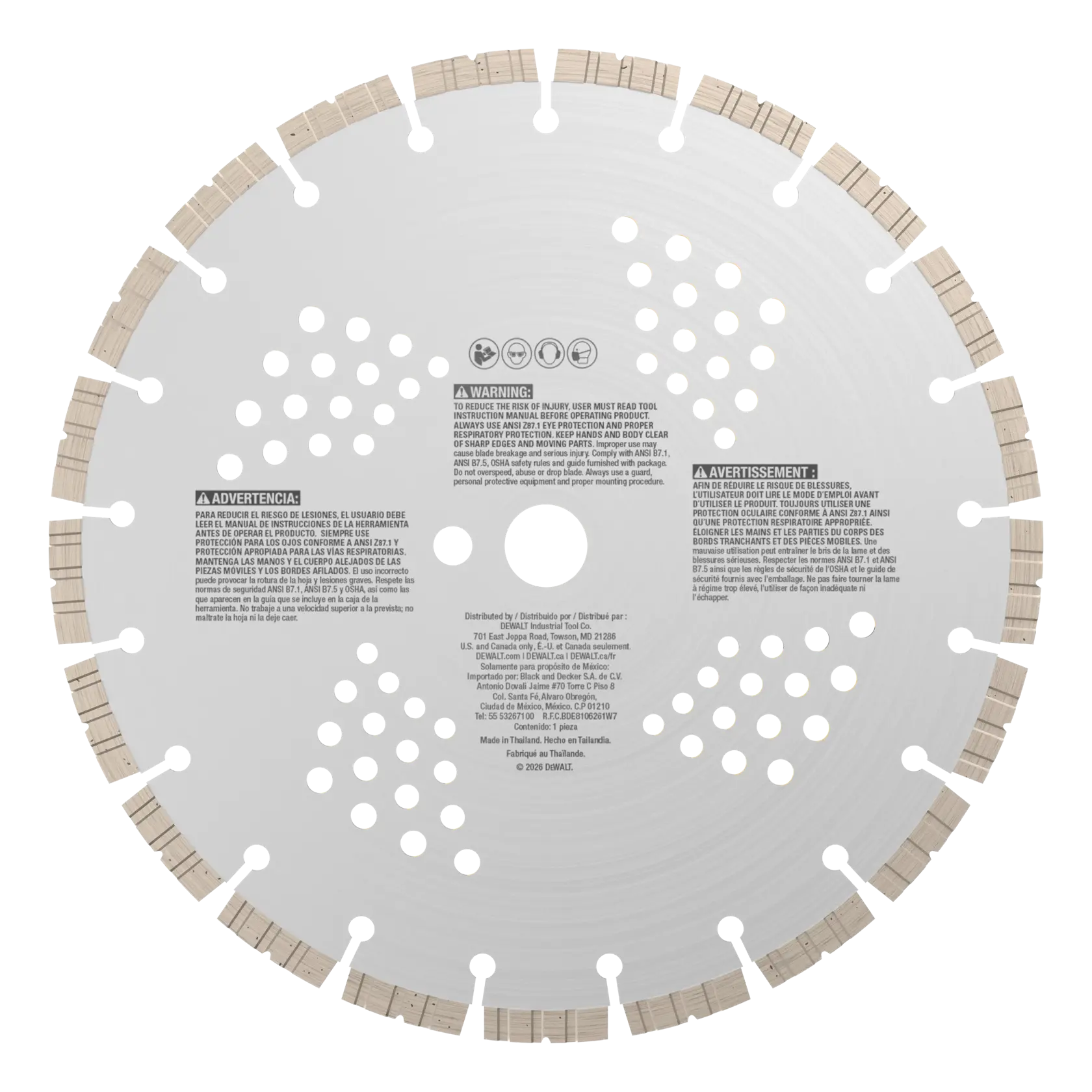 DEWALT segmented diamond circular saw blade with ventilation holes and safety warnings on the surface.