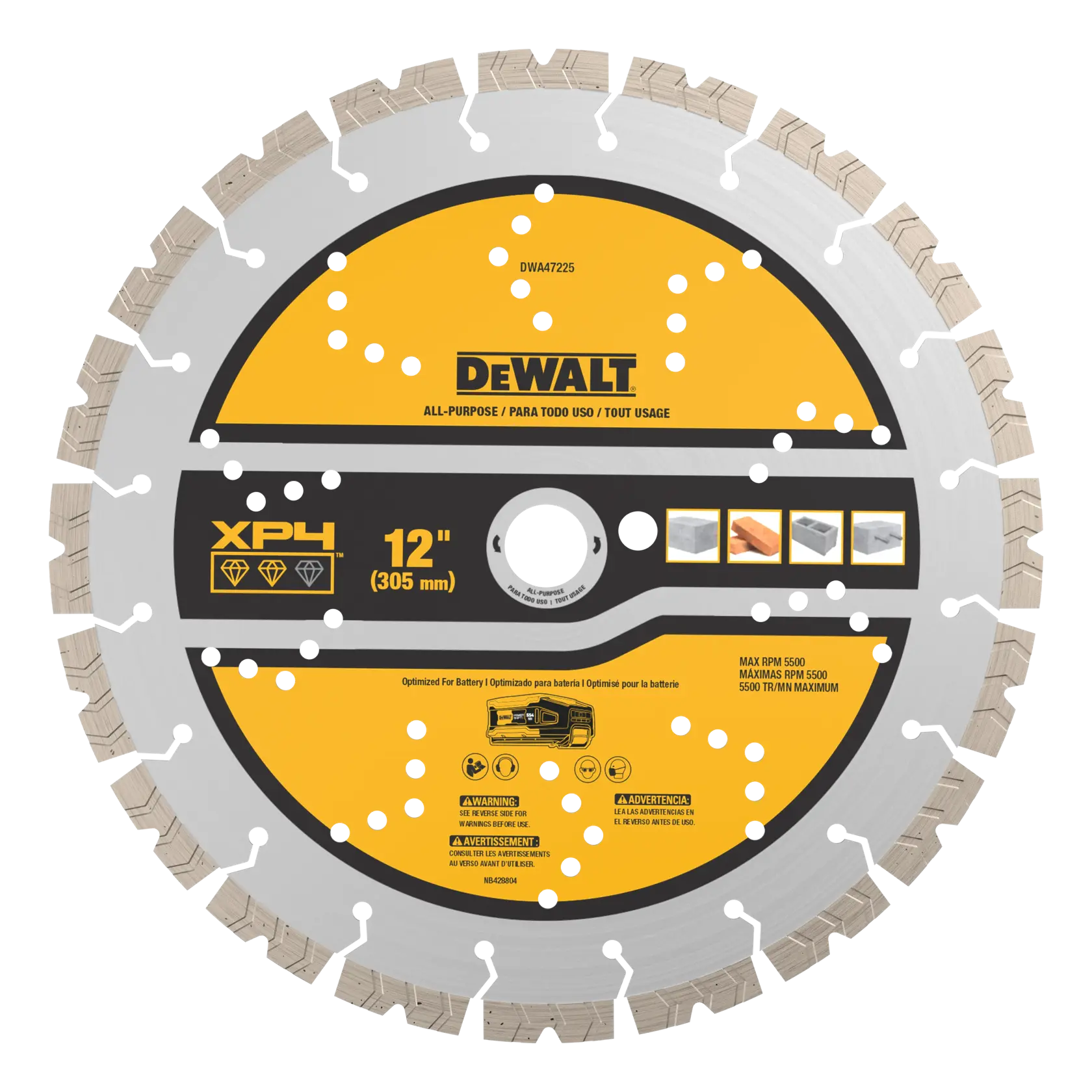 DEWALT 12-inch all-purpose XP4 circular saw blade for masonry, for use with power tools.