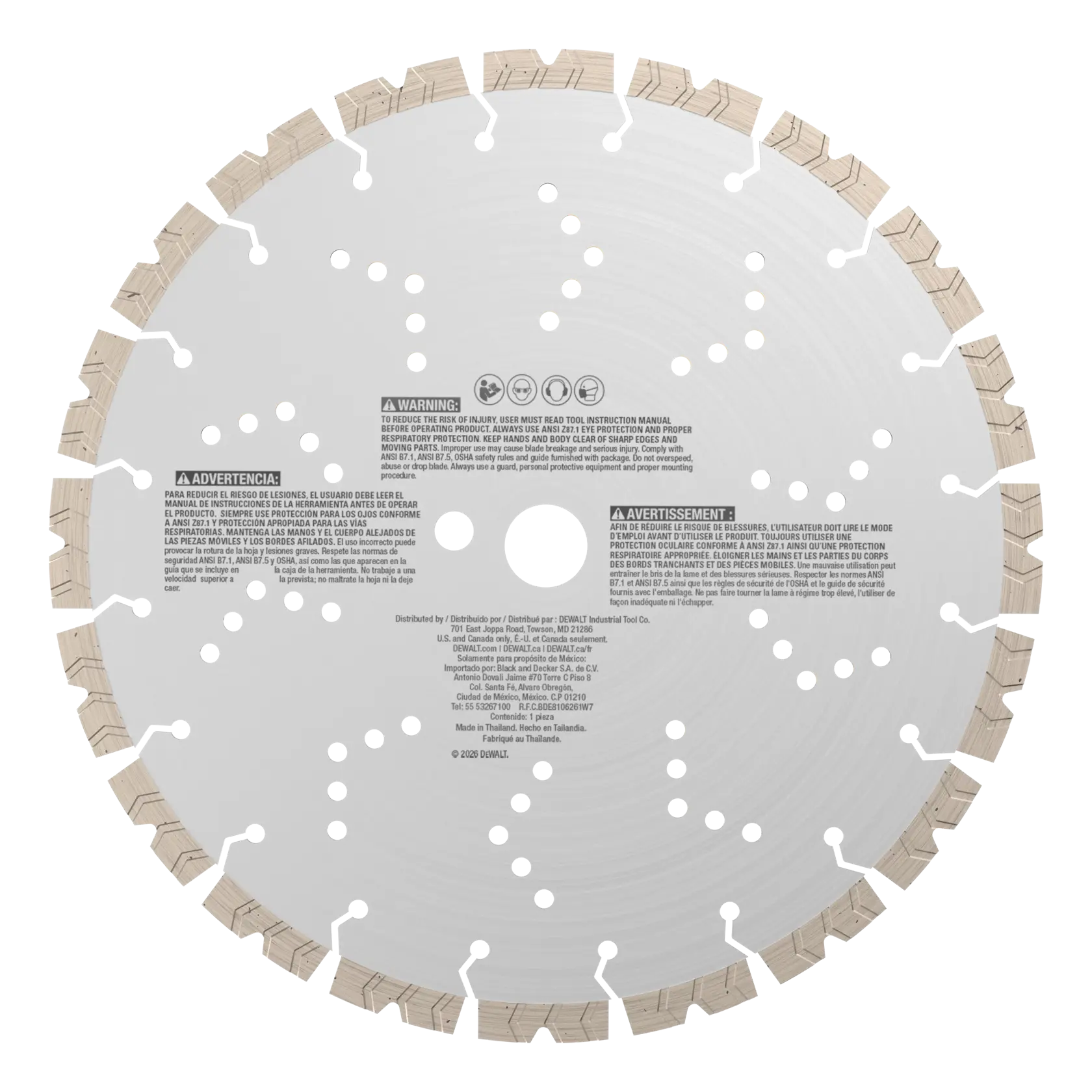 DEWALT segmented circular saw blade with safety warnings and metallic teeth for cutting applications.
