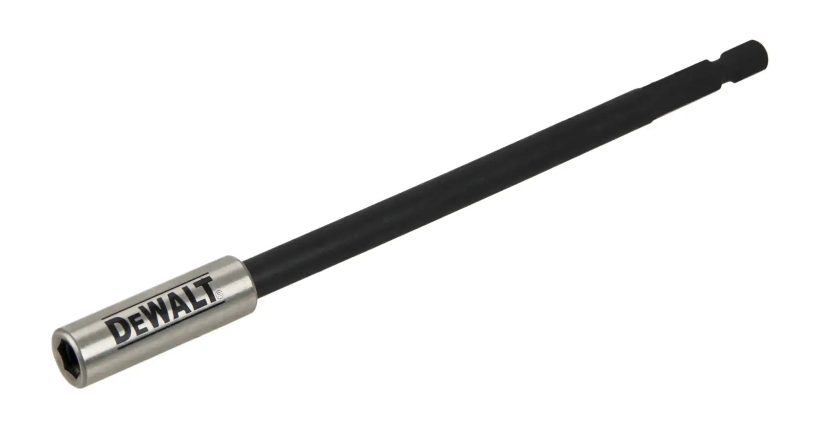 A DEWALT branded long black and silver hex drill bit holder, designed for use with power tools.