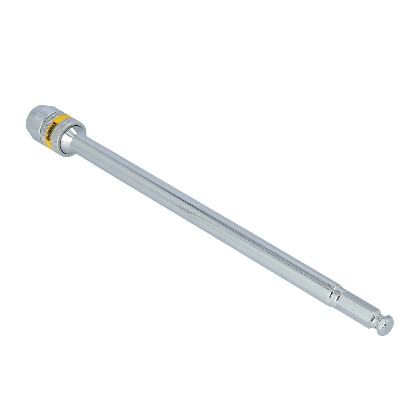 A metal extension bar with a hex end and a quick-change feature, branded with a yellow DEWALT label near one end. The tool is designed for use with sockets or drivers.