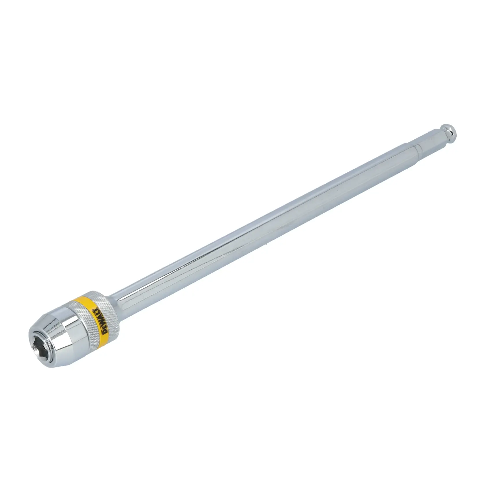 A DEWALT chrome-colored extension bar with a quick-change socket end, designed for use with tools to extend reach.