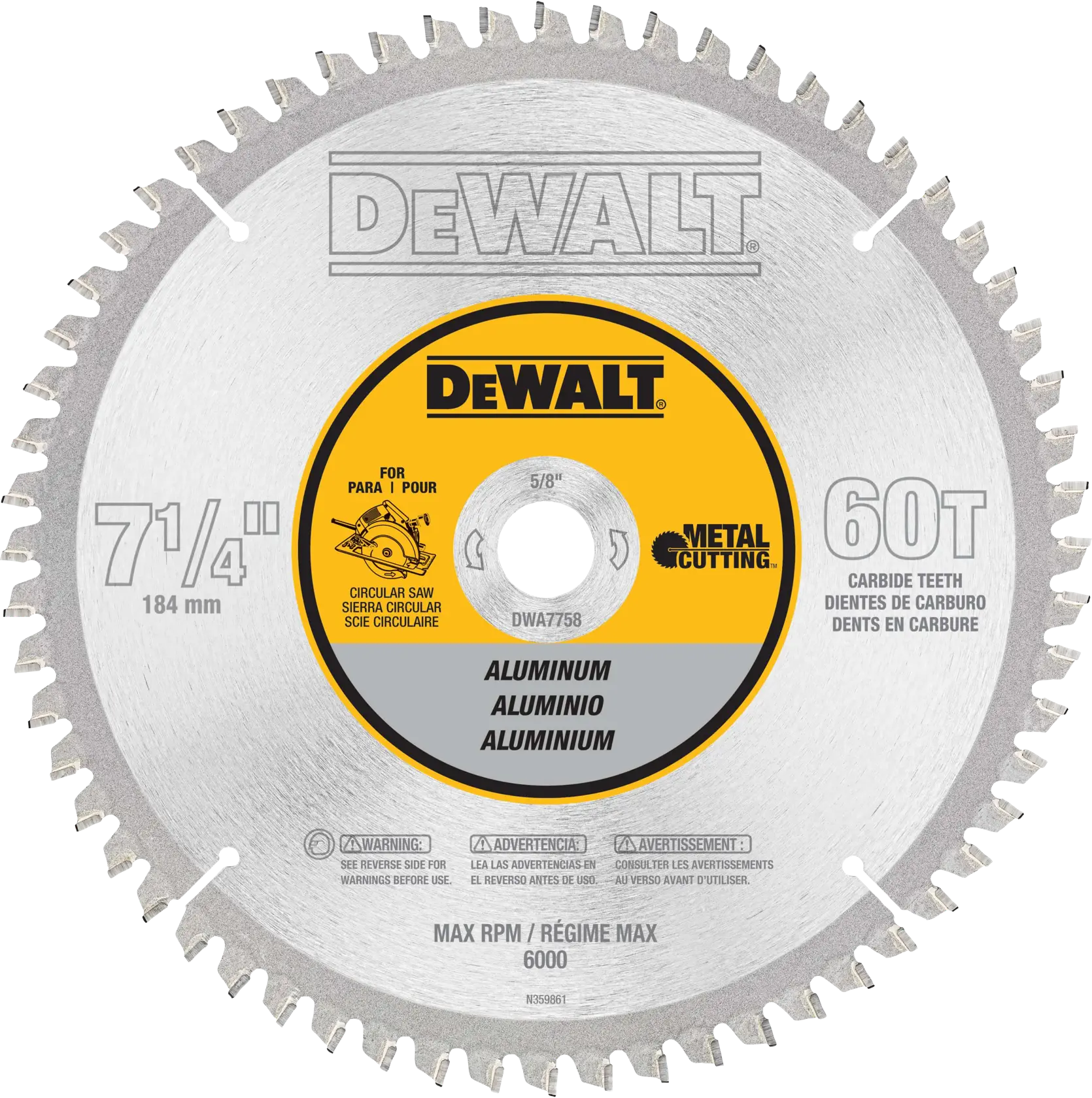 Profile of 7 and quarter inch 60 T Stainless Steel Metal Cutting Blade.