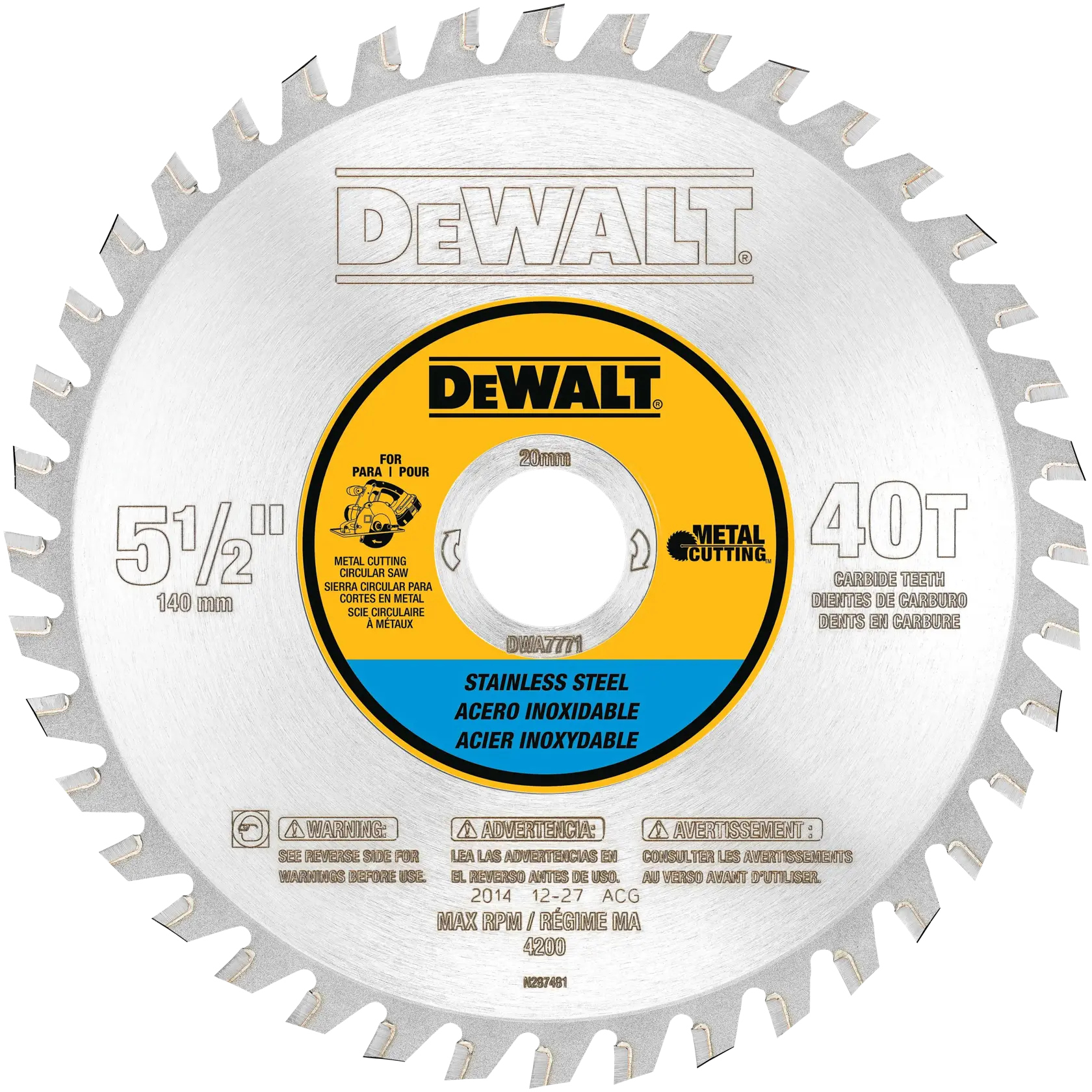 DEWALT circular saw blade for metal cutting, 5 1/2 inch (140 mm) diameter, 40 carbide teeth, suitable for stainless steel, with product information and warnings on the blade.