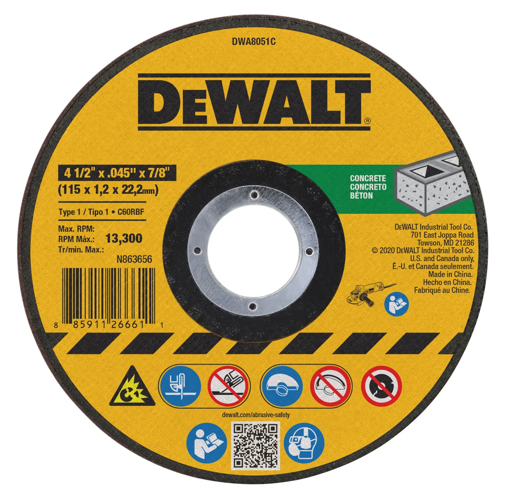 DEWALT® 4-1/2-in. x .045-in. x 7/8-in. T1 Cut-Off Wheel for Concrete & Masonry