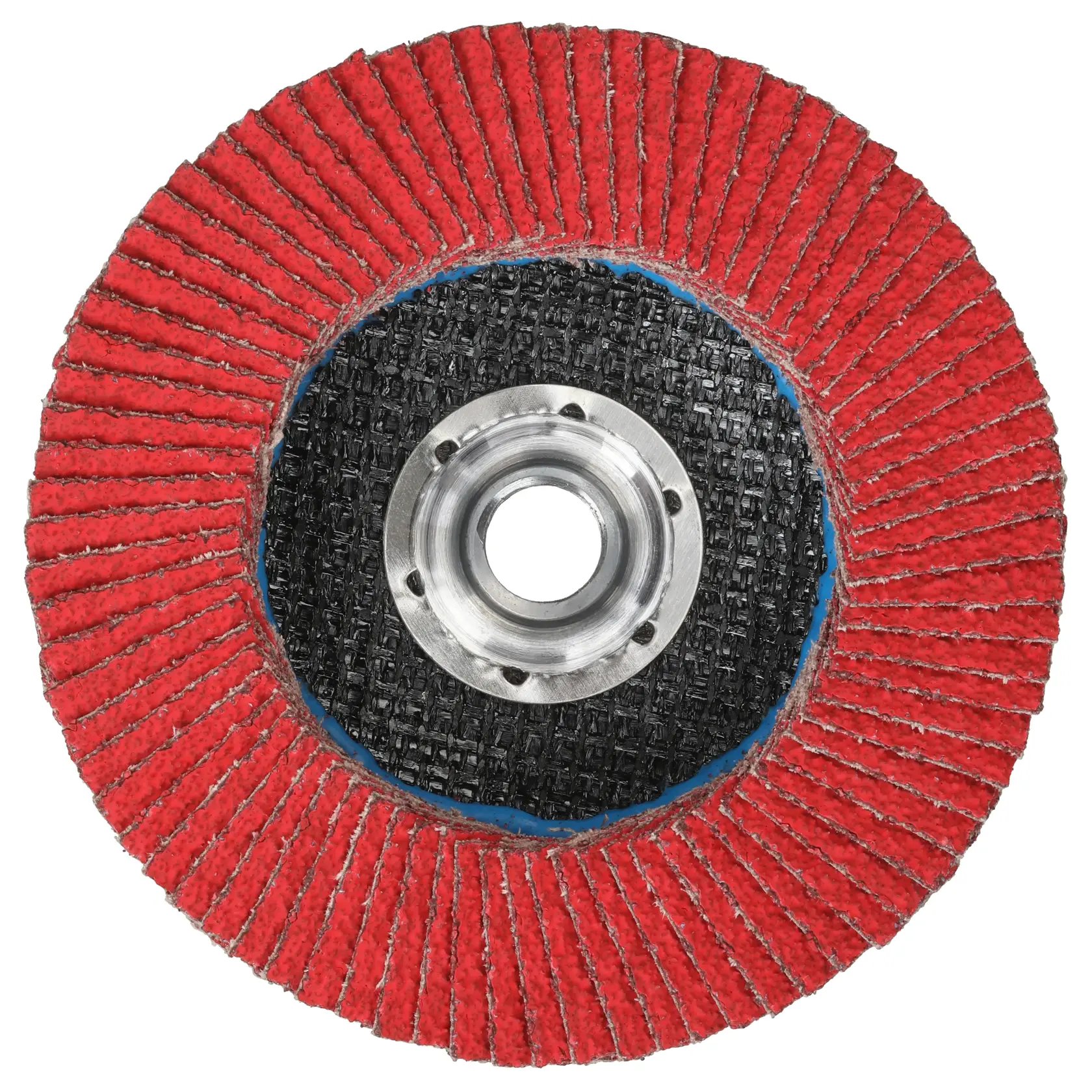 A close-up view of a DEWALT red abrasive flap disc, used in grinding and sanding applications, showing its circular shape and layered abrasive surface.