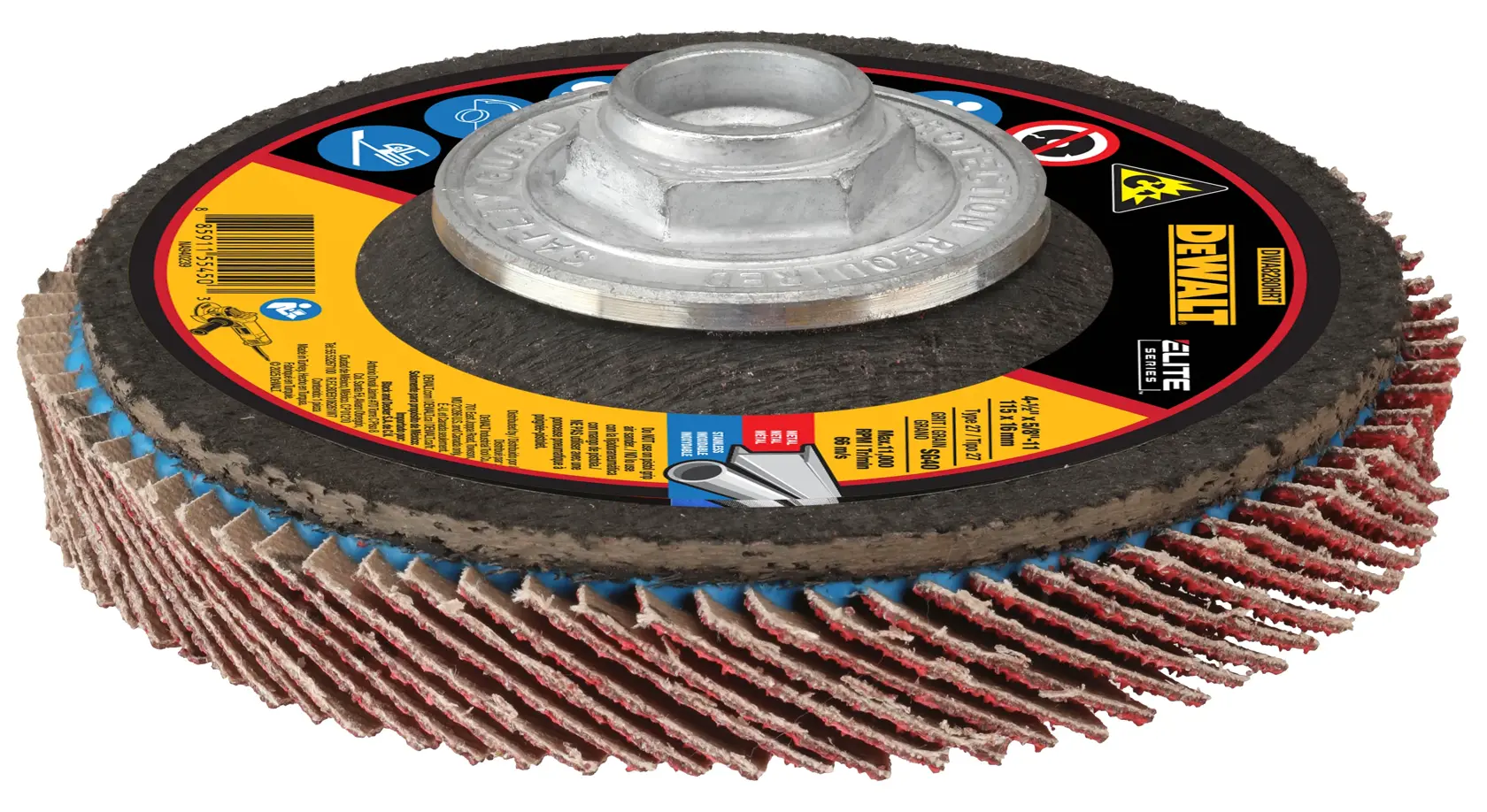 A DEWALT branded abrasive flap disc with a metal mounting hub, commonly used for grinding and finishing metal surfaces. The disc has layered abrasive material around the edge and a yellow and black label in the center.