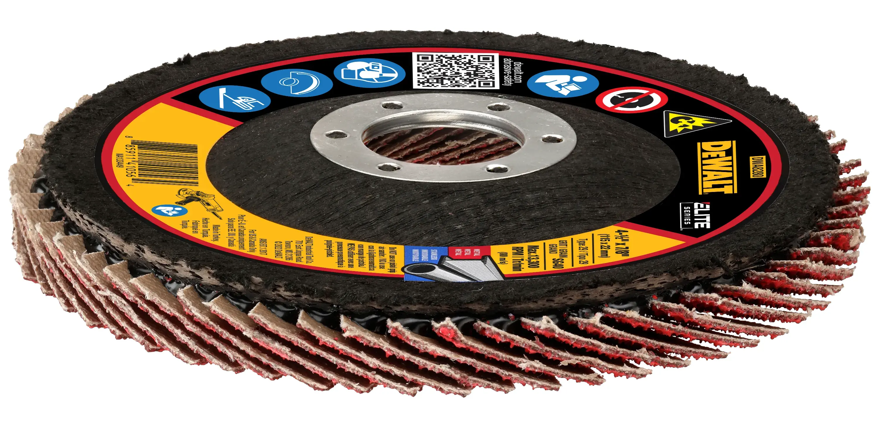 ELITE SERIES Flap Disc laying flat on surface with label side up