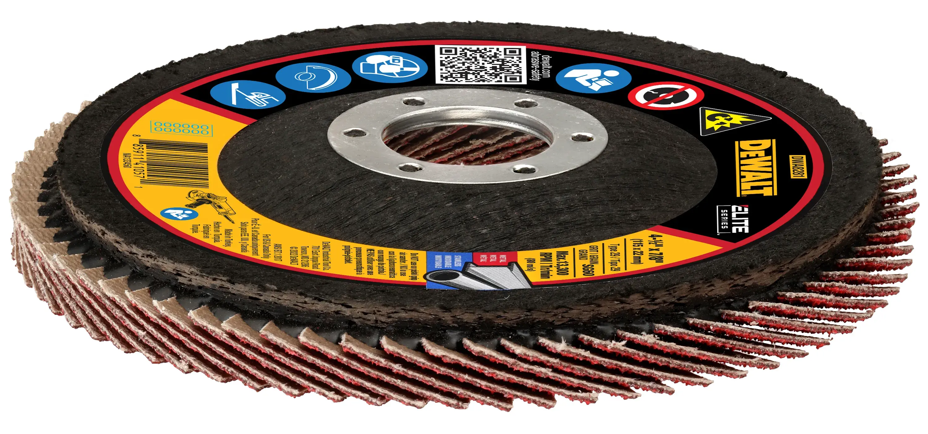 ELITE SERIES Flap Disc laying flat on surface with label side up