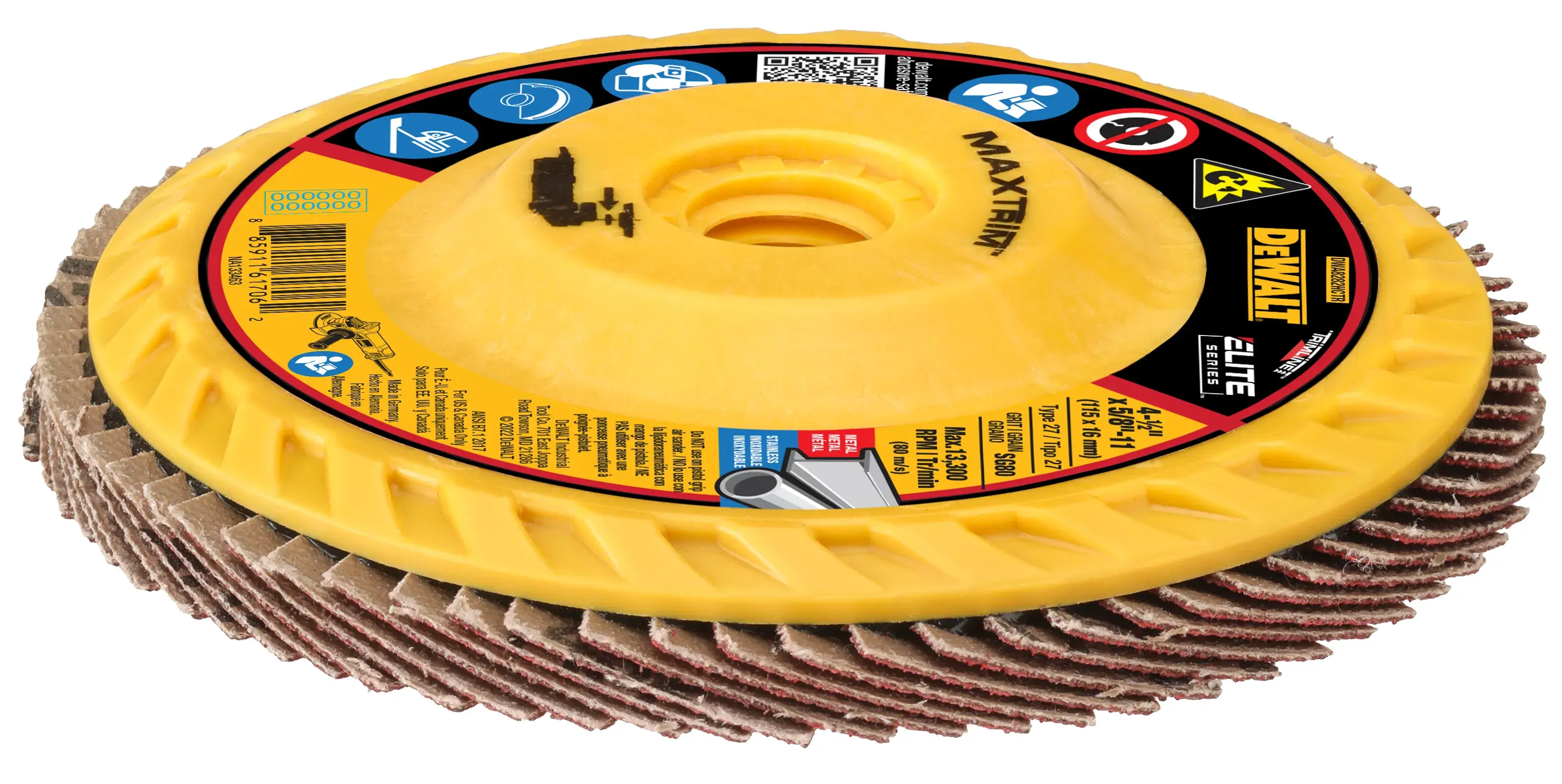 ELITE SERIES Flap Disc laying flat on surface with label side up