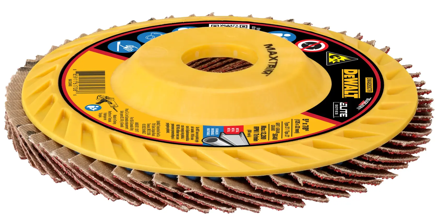 ELITE SERIES Flap Disc laying flat on surface with label side up