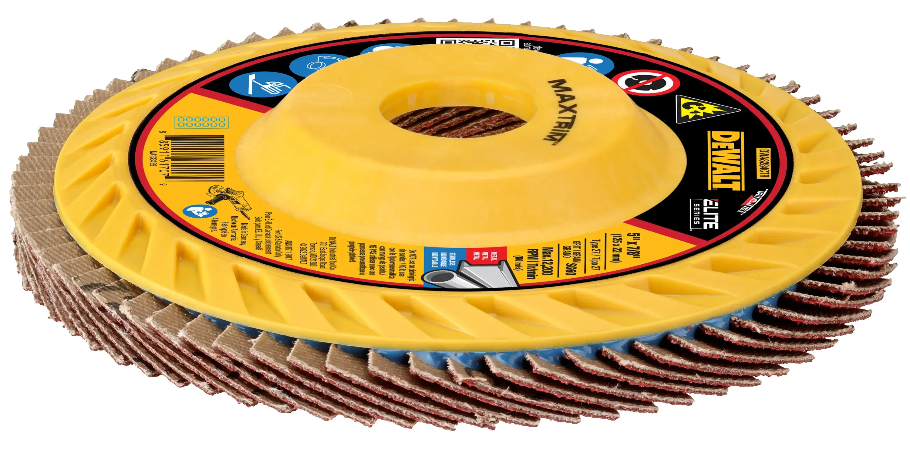 ELITE SERIES Flap Disc laying flat on surface with label side up