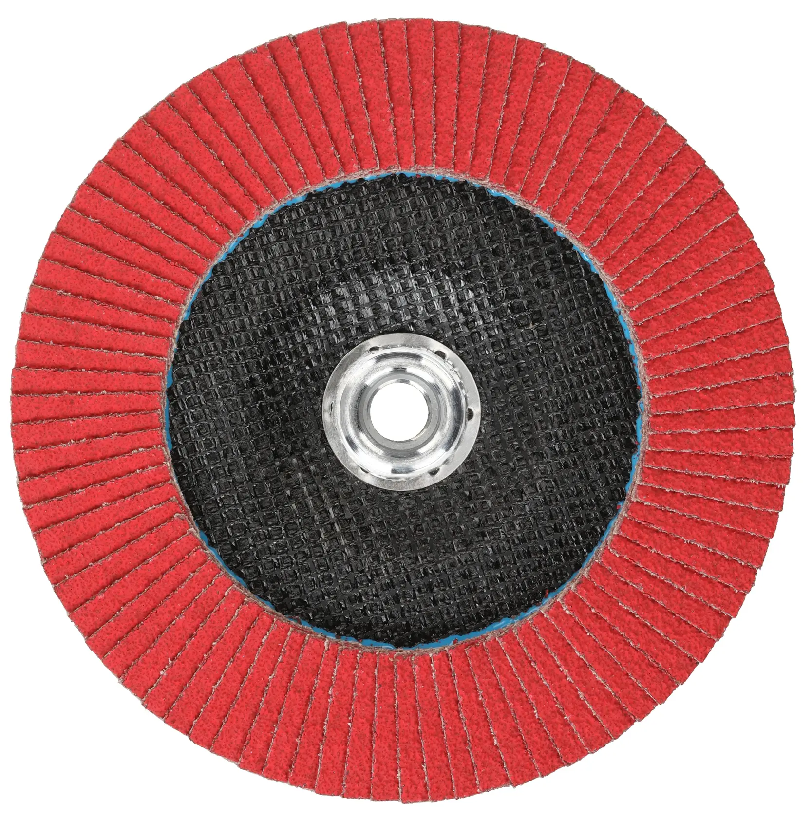 A close-up image of a DEWALT flap disc abrasive wheel with red sanding flaps and a black central hub, used for grinding and finishing metal surfaces.