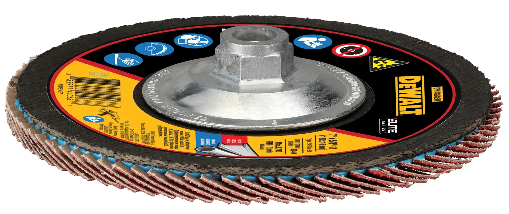 A close-up image of a DEWALT branded flap disc grinding wheel with a central metal hub, featuring safety and usage icons and colored label information around the hub.