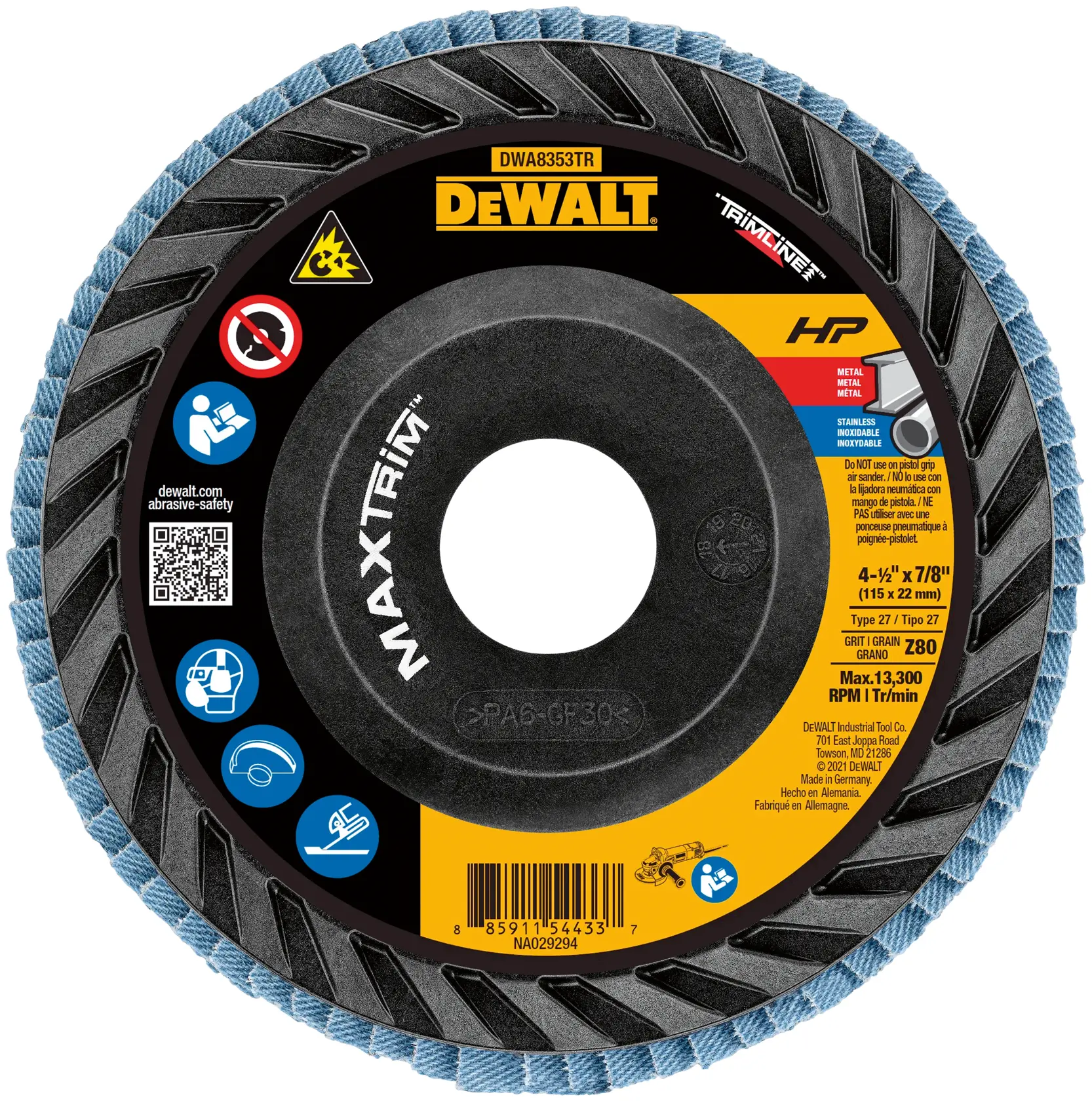 DEWALT® HP™ MAXTRIM™ 4-1/2-in. x 7/8-in. 80G T27 Trimmable Backer Flap Disc