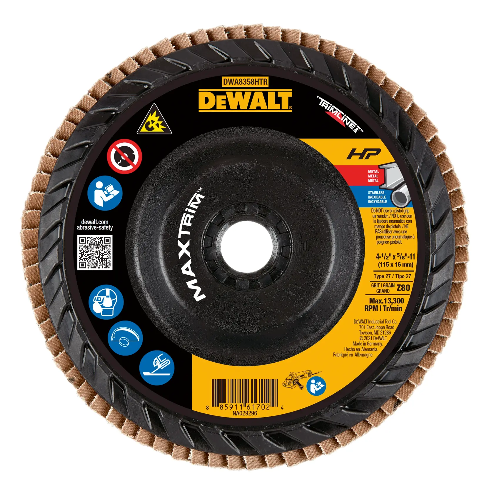 DEWALT® HP™ MAXTRIM™ 4-1/2-in. x 5/8-in.-11 80G T27 Trimmable Backer Flap Disc