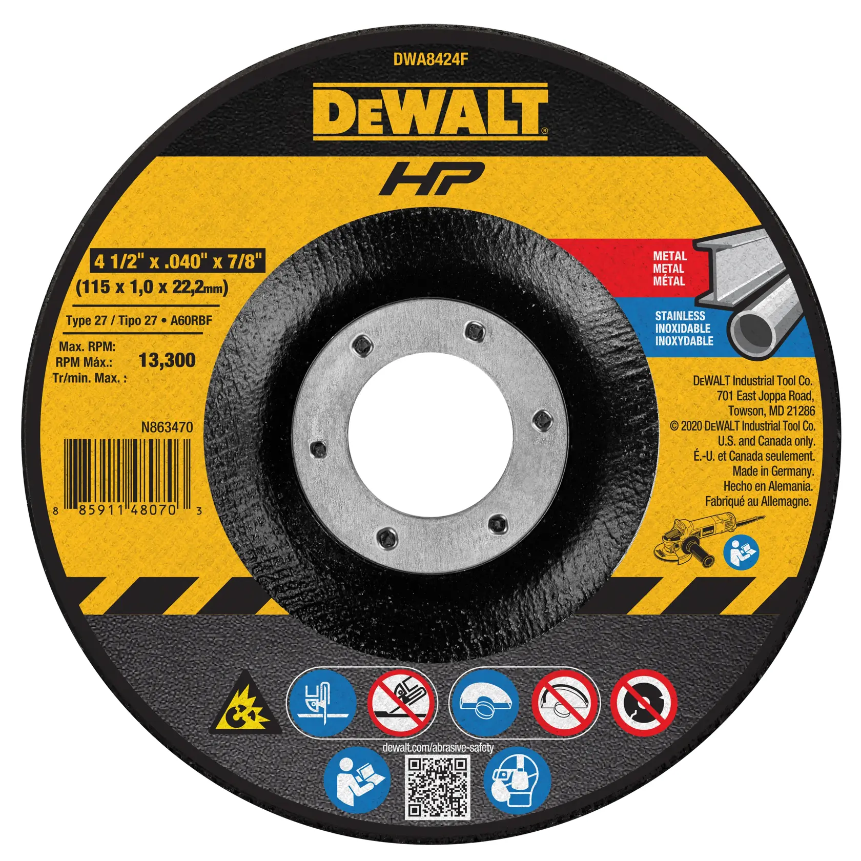 DEWALT® HP™ 4-1/2-in. x .040-in. x 7/8-in. Type 27 Cut-Off Wheel for Metal & Stainless