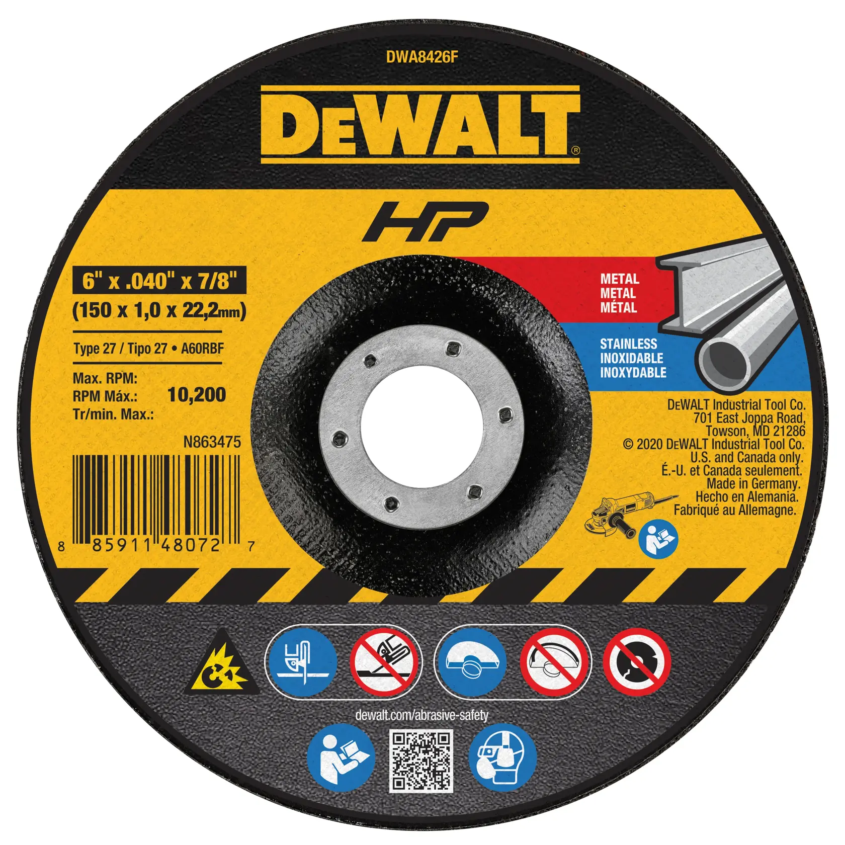 DEWALT® HP™ 6-in. x .040-in. x 7/8-in. Type 27 Cut-Off Wheel for Metal & Stainless