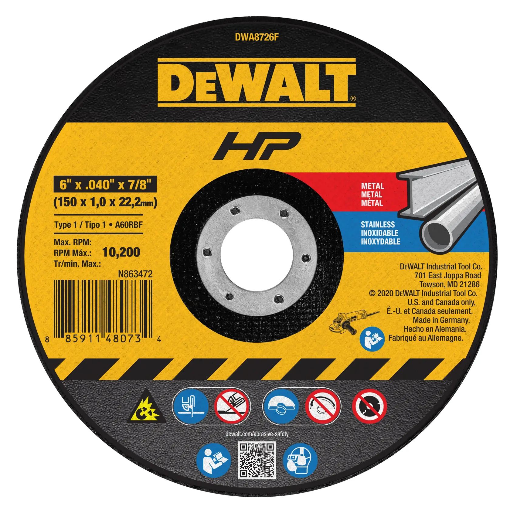 DEWALT® HP™ 6-in. x .040-in. x 7/8-in. Type 1 Cut-Off Wheel for Metal & Stainless