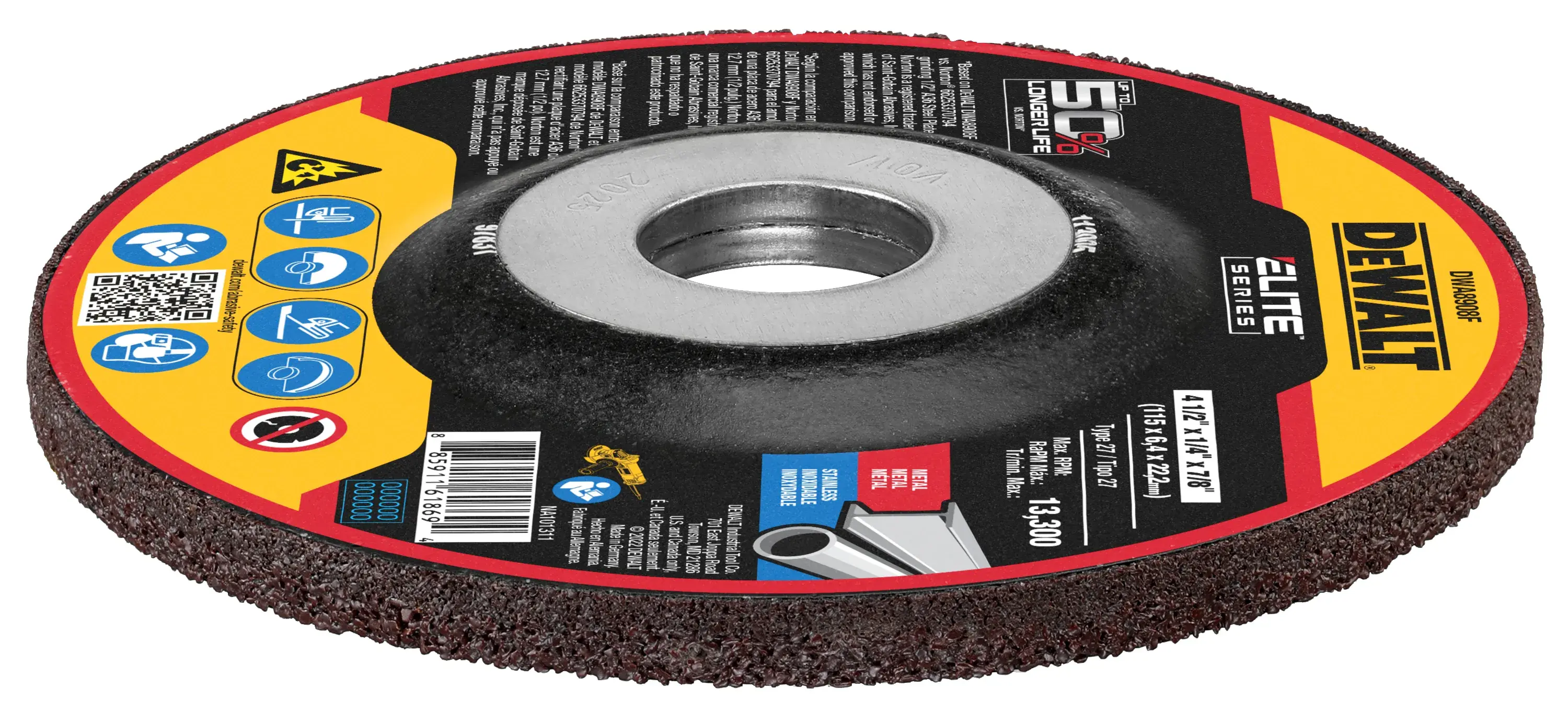 DEWALT ELITE SERIES Grinding wheel showing the thickness of wheel on its side