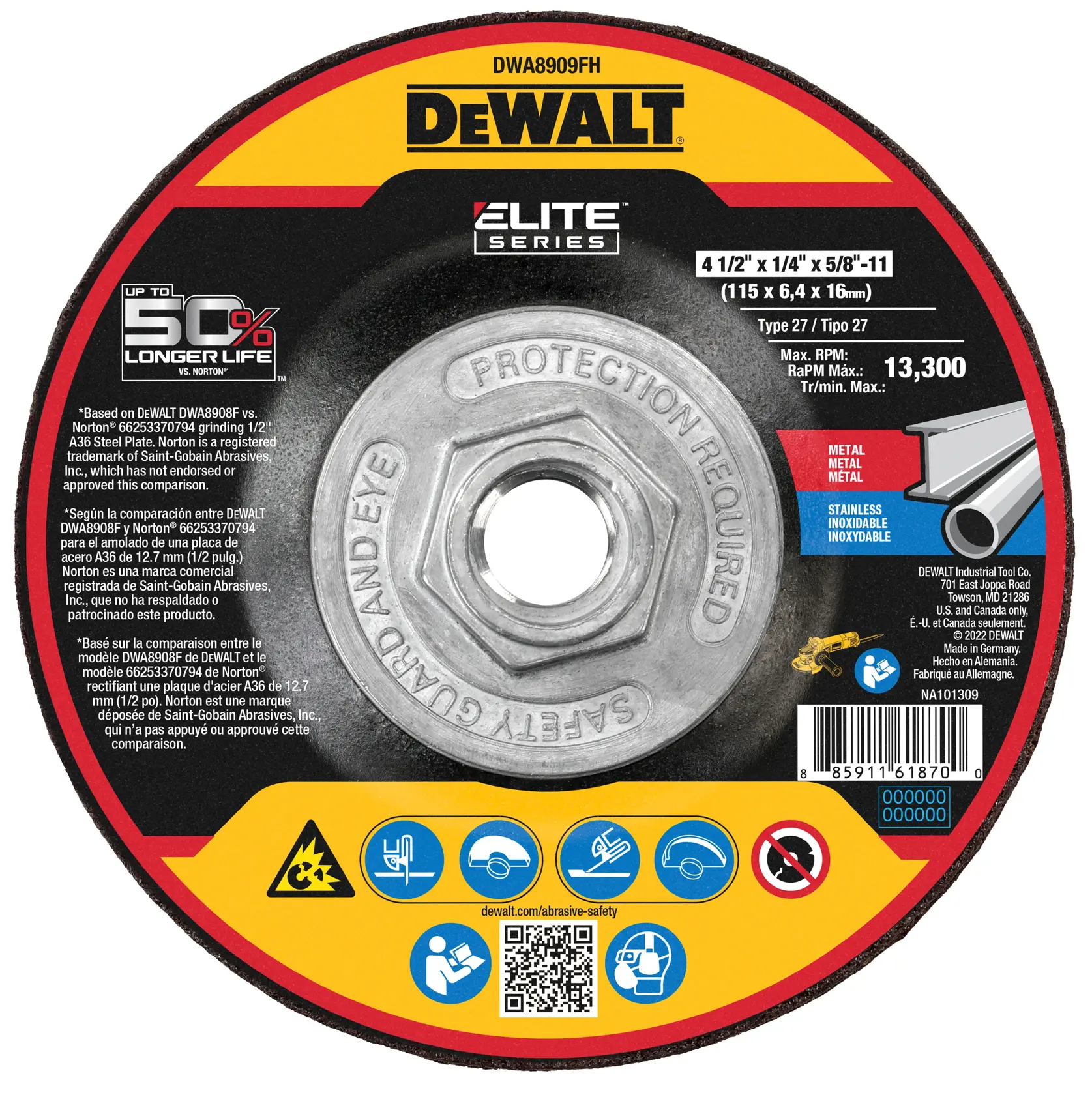 DEWALT® ELITE SERIES™ 4-1/2-in. x 1/4-in. x 5/8-in.-11 T27 Ceramic Grinding Wheel