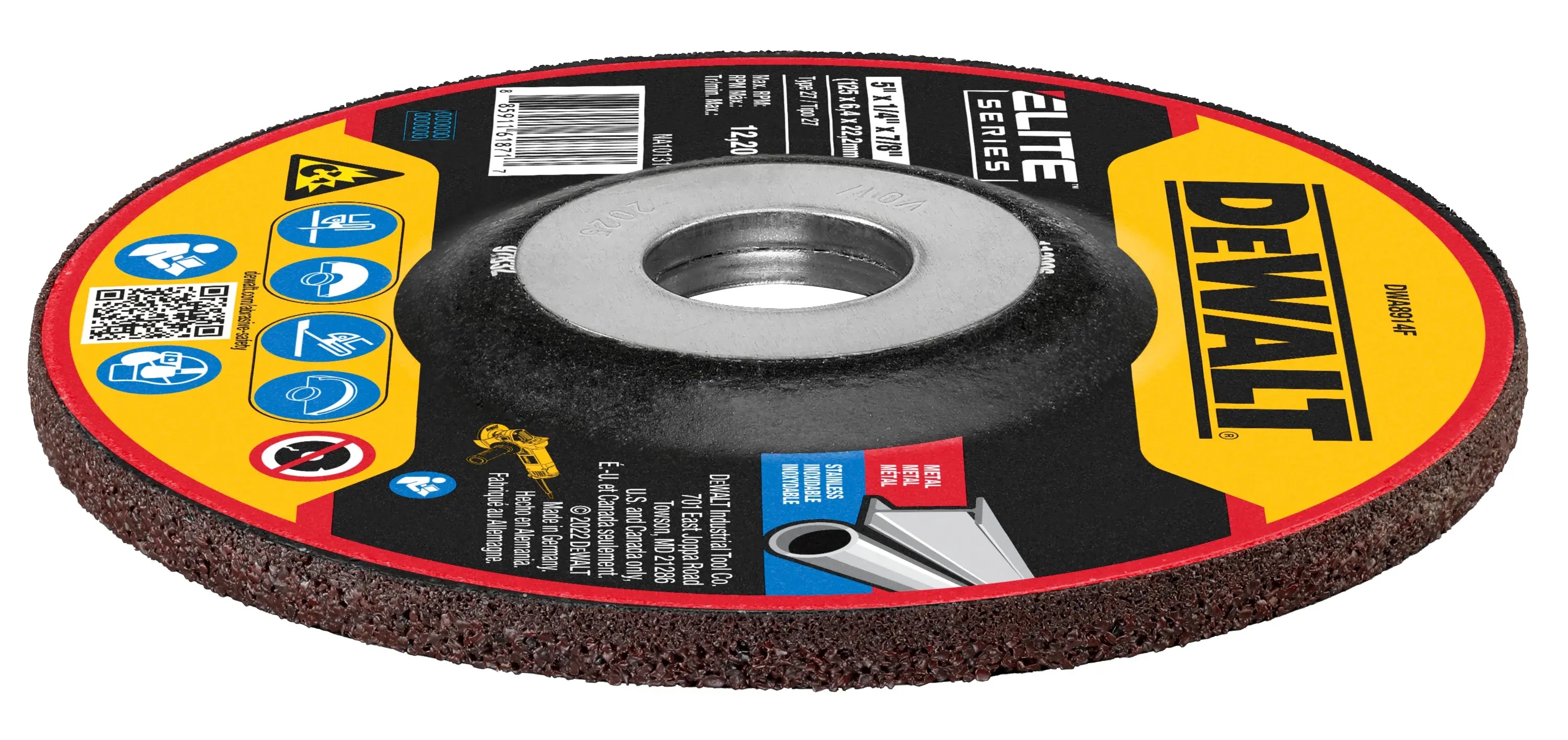 DEWALT ELITE SERIES Grinding wheel showing the thickness of wheel on its side